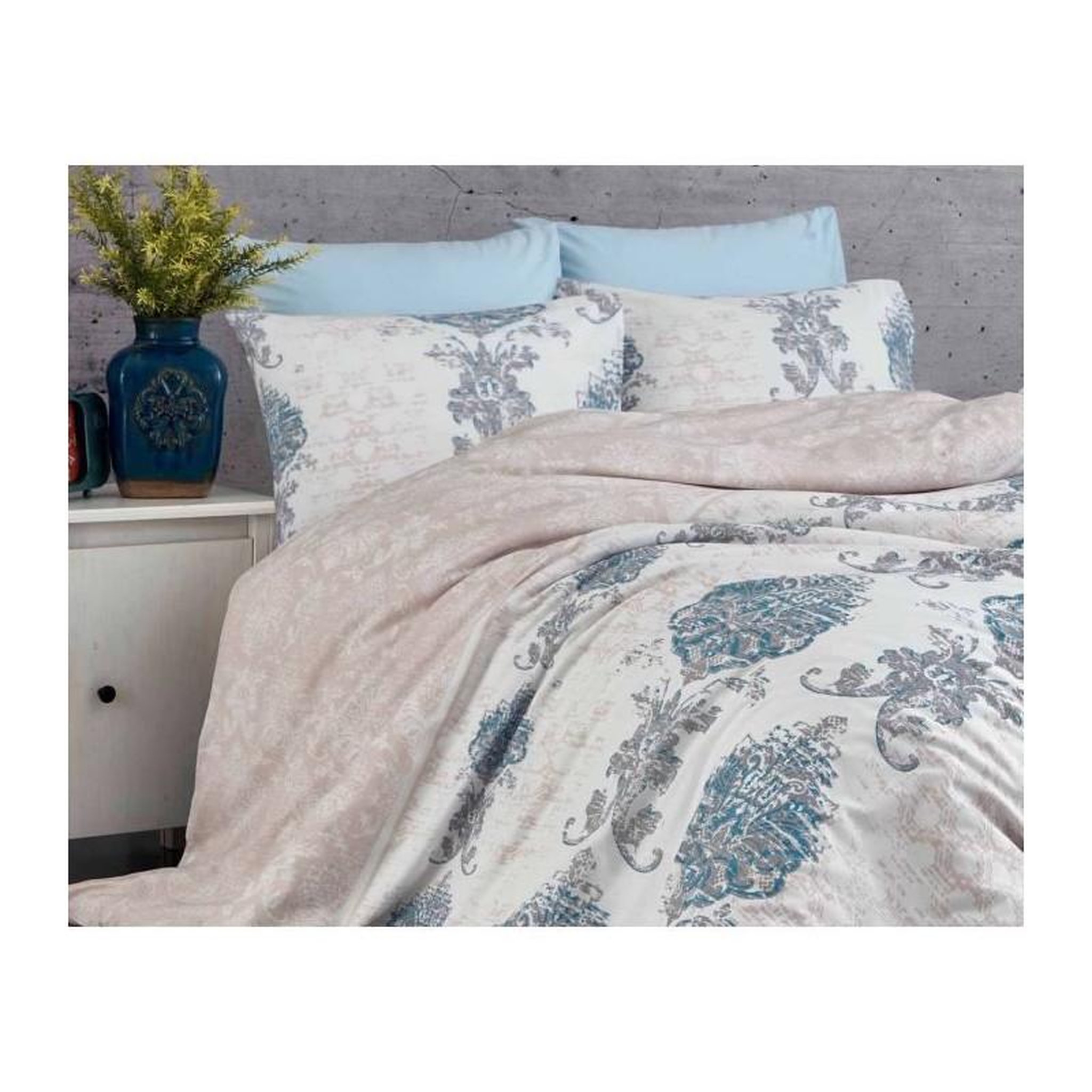 Voir la diapositive 2 : GENERIQUE Parure de lit - 1 housse de couette 220 x 240 cm + 2 taies d'oreiller 60 x 60 cm - 100% coton renforcé - Bleu