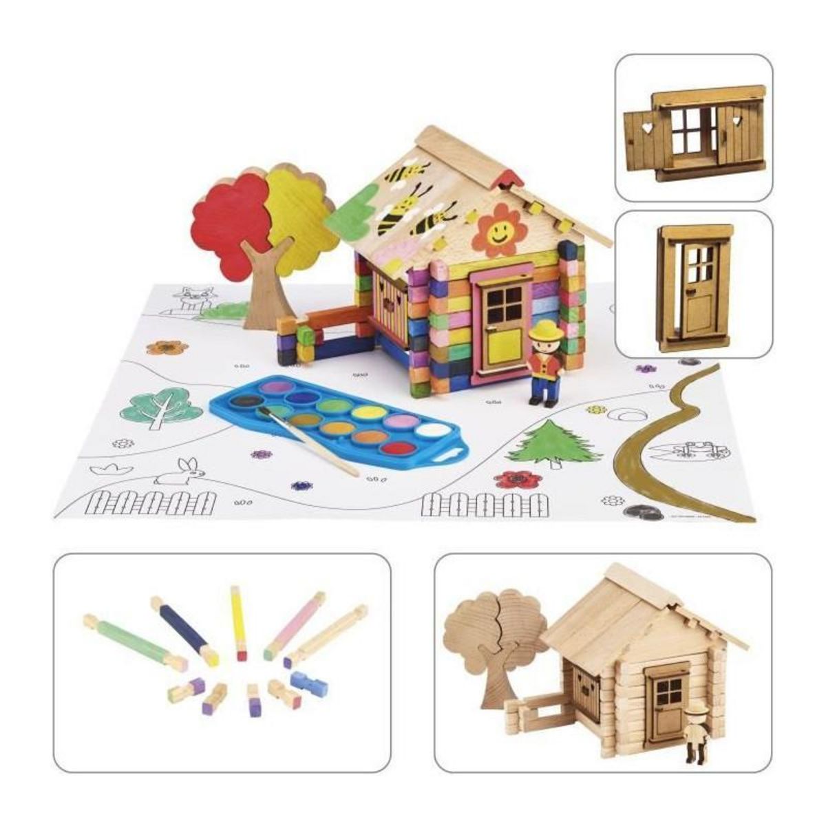 JeuJura Chalet a Peindre 85 Pieces - JEUJURA - Jeu de Construction en Bois Naturel, Accessoires et Peinture Inclus, 26x24x9 cm