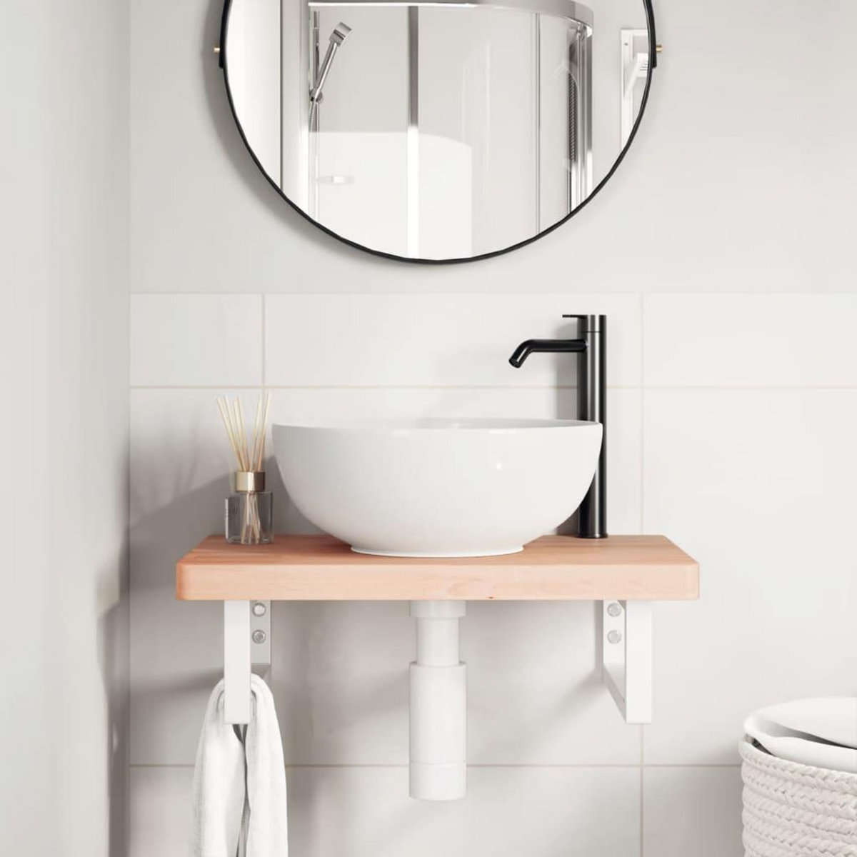 VIDAXL Etagere de vasque murale acier et bois massif de hetre