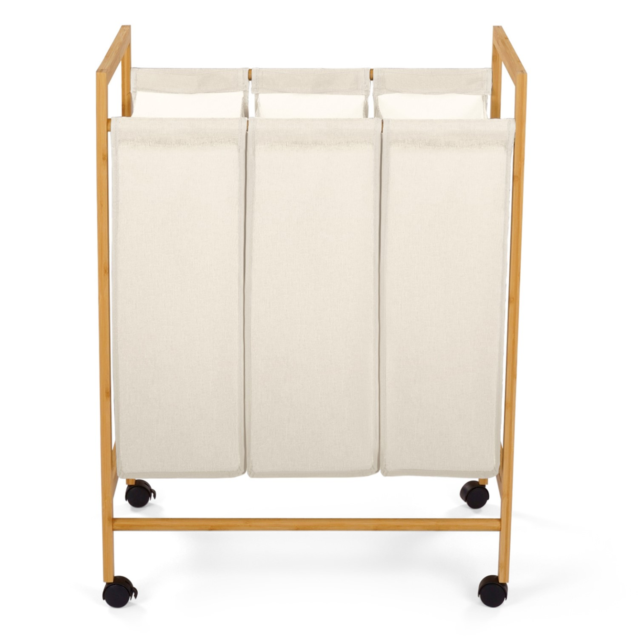 Voir la diapositive 4 : ID MARKET Panier à linge 3 compartiments bambou RITA tissu écru avec roulettes