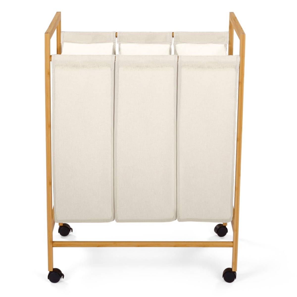 ID MARKET Panier à linge 3 compartiments bambou RITA tissu écru avec roulettes