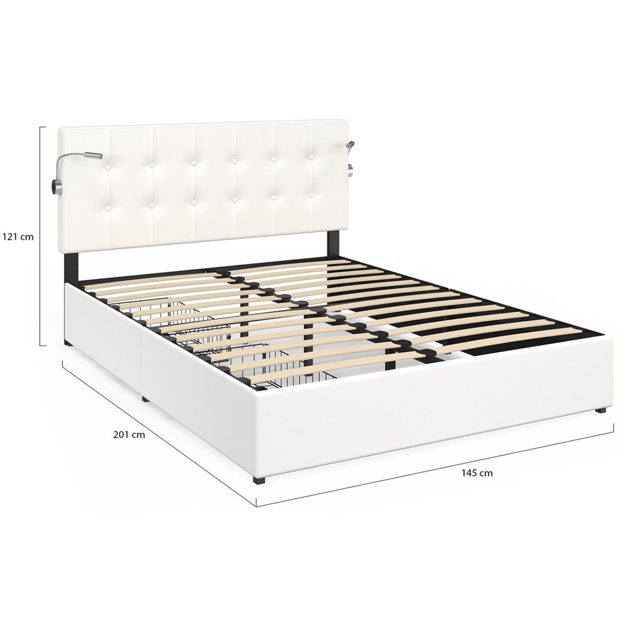 Voir la diapositive 5 : ID MARKET Lit double mael 140 x 190 cm avec tête de lit capitonnée pvc blanc liseuses intégrées et sommier et 2 tiroirs sur roulettes