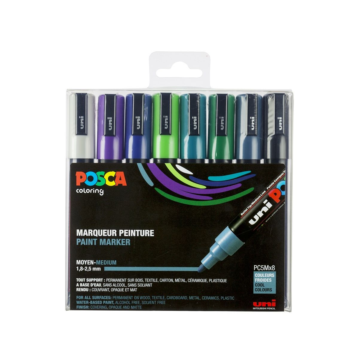 POSCA lot de 8 marqueurs pointes moyenne Posca - Blanc, noir, gris, vert, violet