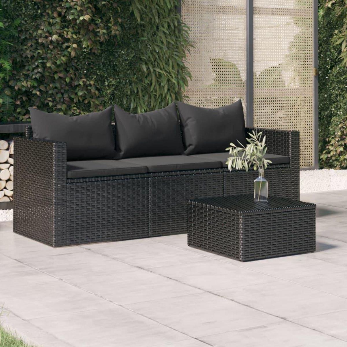 VIDAXL Canape de jardin a 3 places avec coussins noir resine tressee