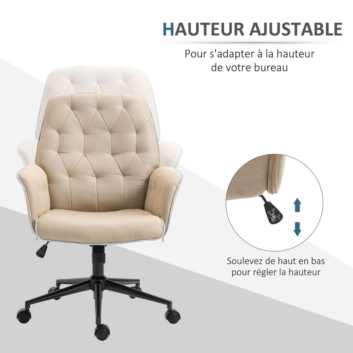 HOMCOM Fauteuil de bureau chaise de bureau hauteur réglable roulettes pivotant 360° tissu chanvre 69L x 66l x 89,5-97H cm beige