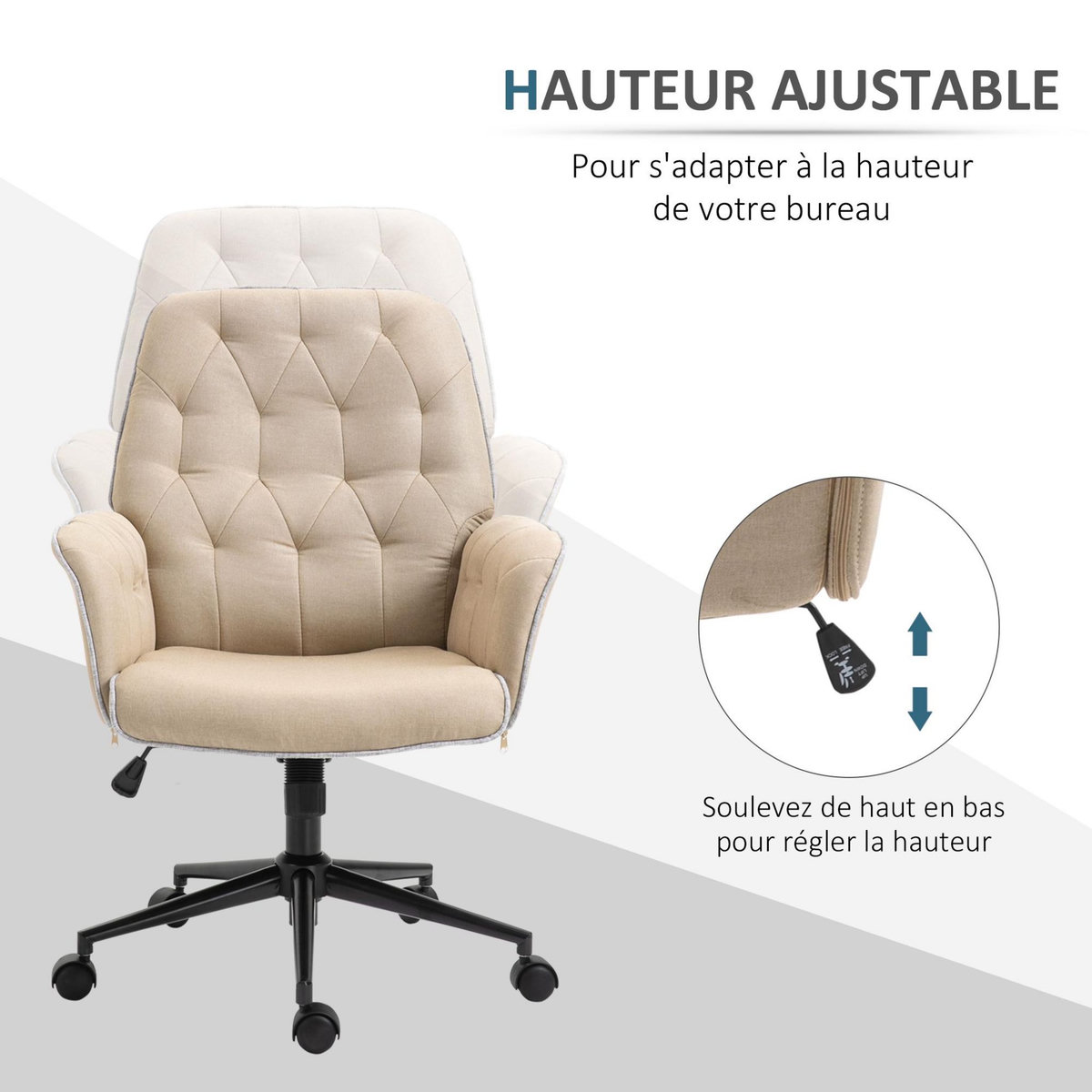 HOMCOM Fauteuil de bureau chaise de bureau hauteur réglable roulettes pivotant 360° tissu chanvre 69L x 66l x 89,5-97H cm beige