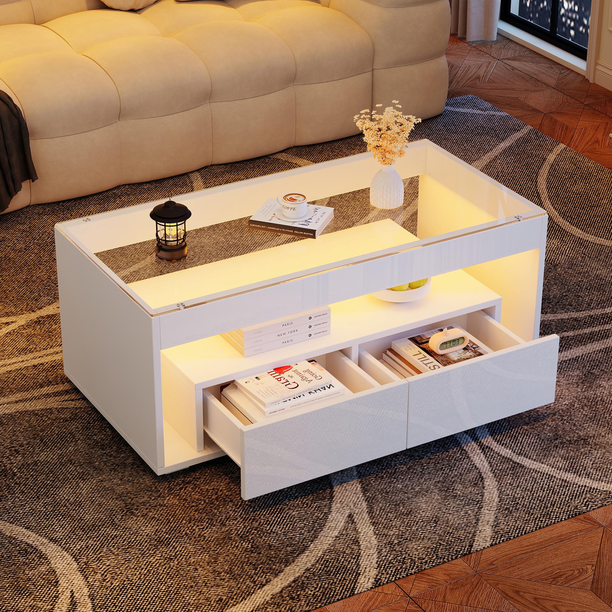 Voir la diapositive 2 : MERAX Table basse rectangulaire blanc avec 2 tiroirs - 50x100 cm led panneau de particules