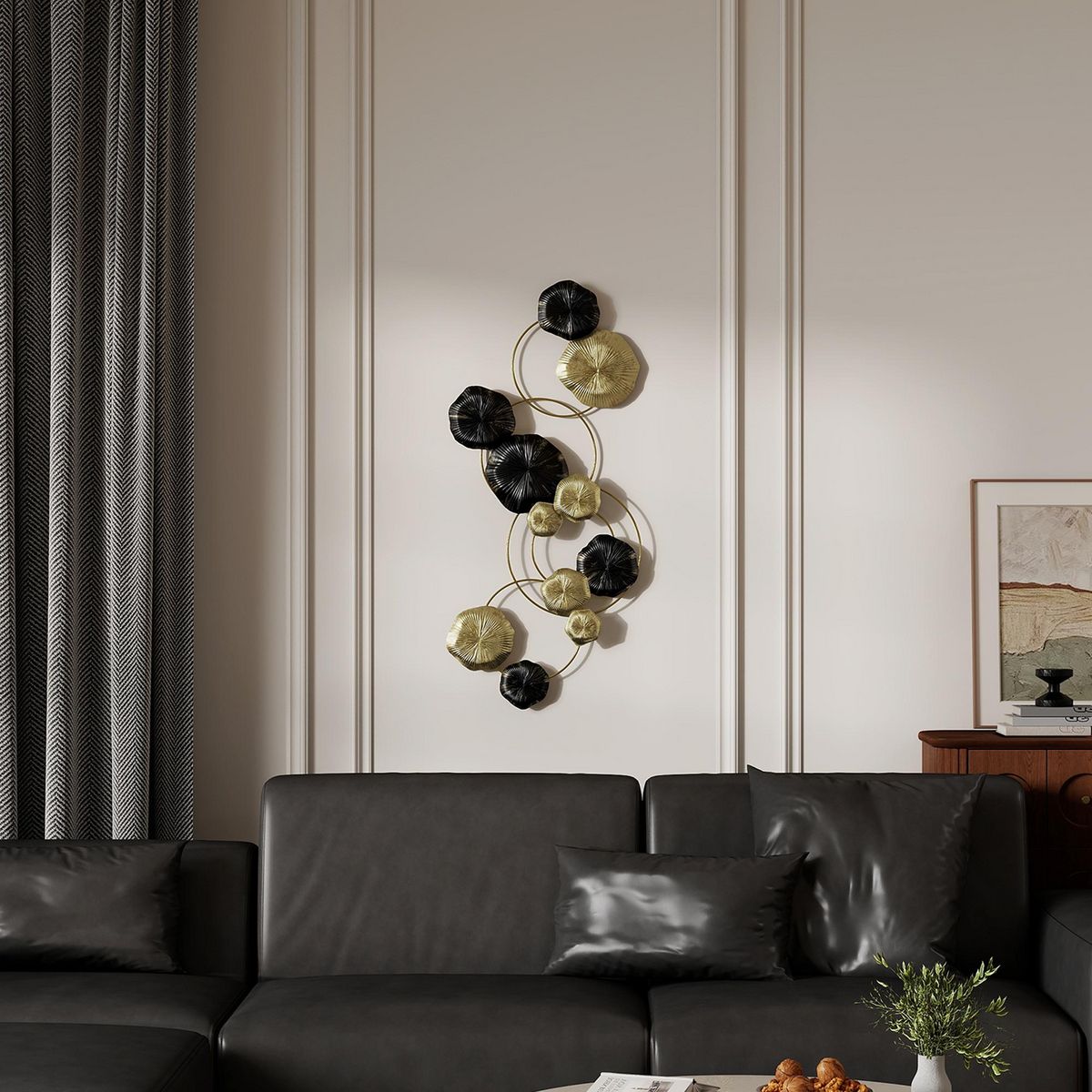 HOMCOM Décoration murale métal - décoration murale design feuilles de lotus - dim. 84 x 35 cm - doré noir