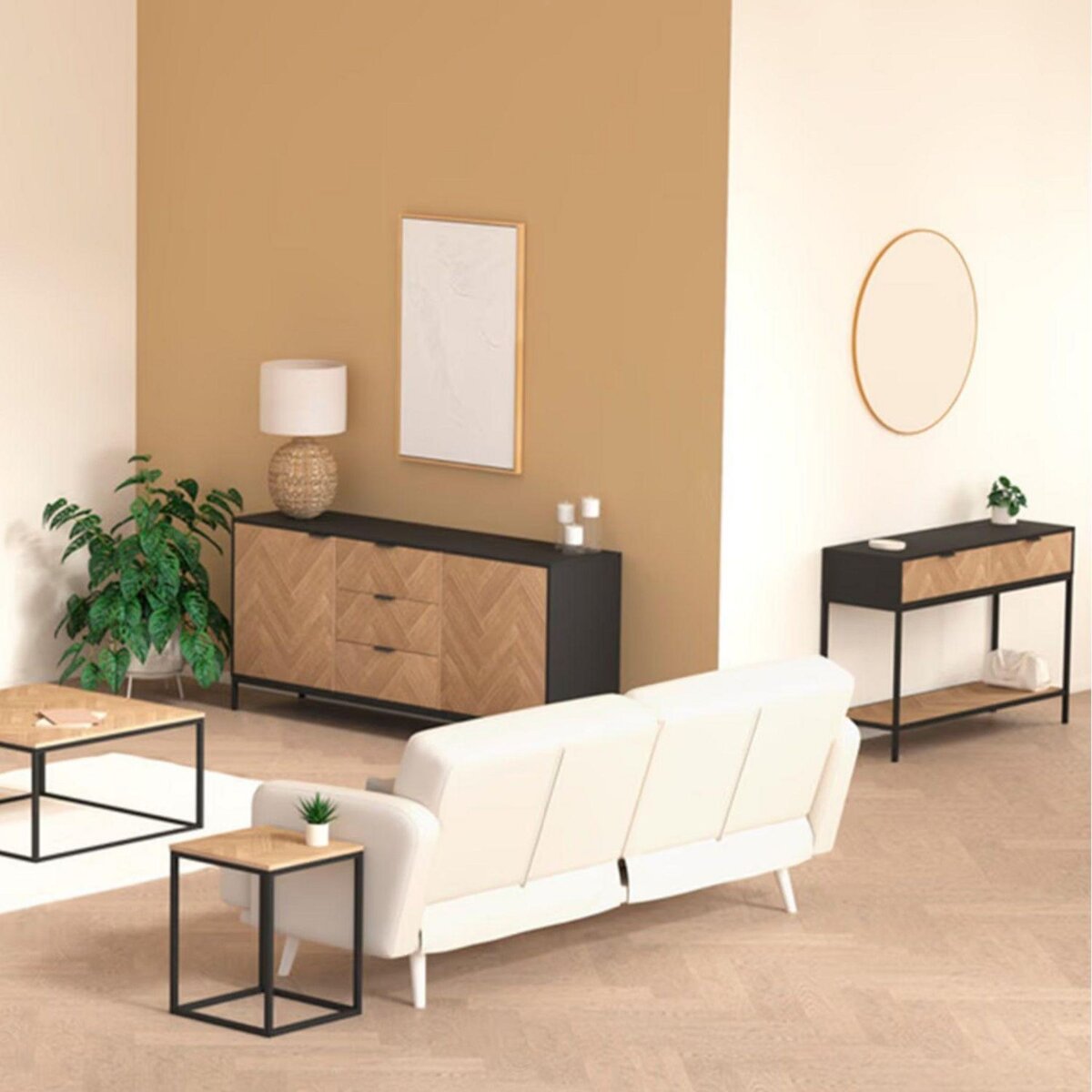 FIVE Console 2 tiroirs en bois et métal CHEVRONS - Beige et noir