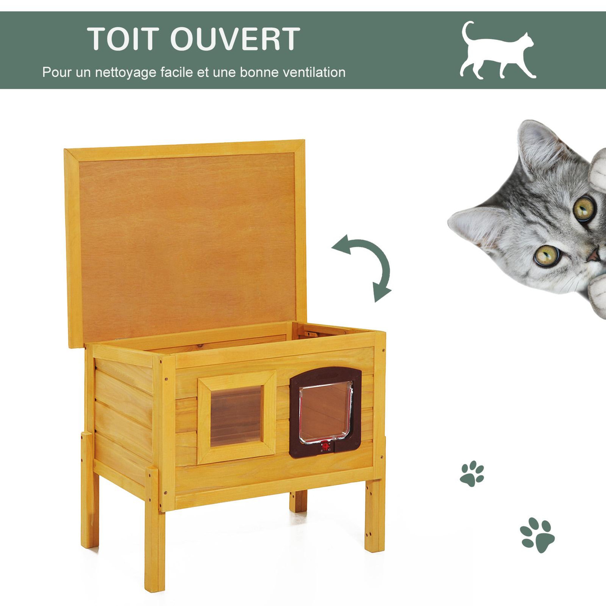 Voir la diapositive 5 : PAWHUT Maison niche pour chat sur pied toit bitumé ouvrant porte fenêtre bois verni