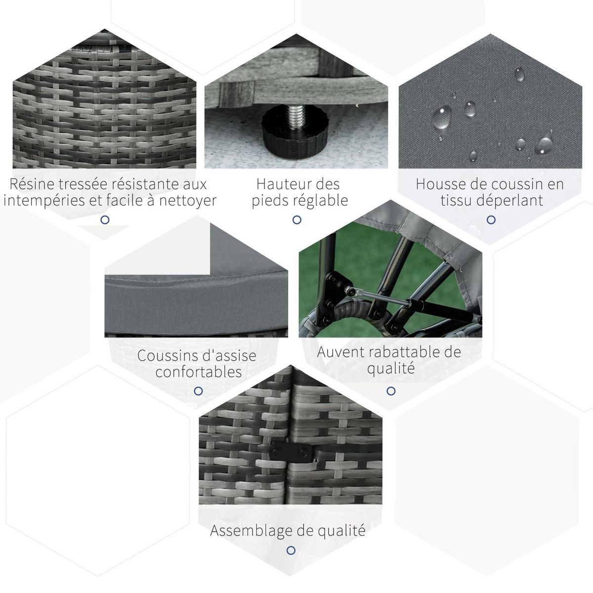 OUTSUNNY Lit canapé de jardin modulable grand confort pare-soleil pliable 5 coussins 3 oreillers 180L x 175l x 147H cm résine tressée polyester gris
