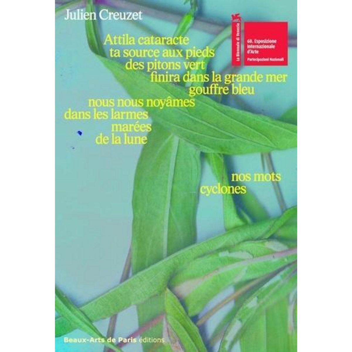 ATTILA CATARACTE TA SOURCE AUX PIEDS DES PITONS VERTS FINIRA DANS LA GRANDE MER GOUFFRE BLEU NOUS NOUS NOYAMES DANS LES LARMES MAREES DE LA LUNE. NOS MOTS CYCLONE, EDITION EN LANGUES MULTIPLES, Creuzet Julien