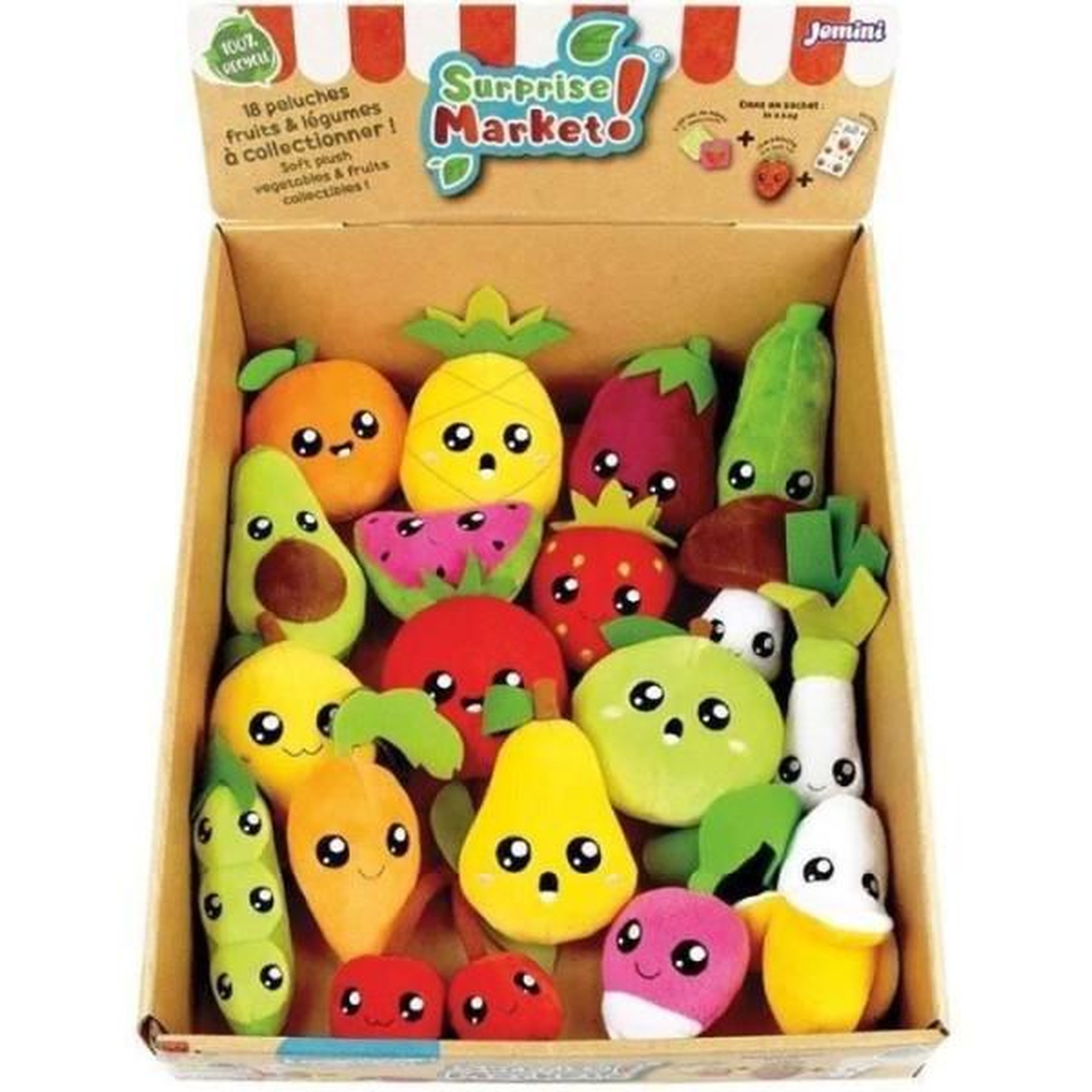 JEMINI Lot de 18 pochettes surprises - JEMINI - Surprise Market - Peluche fruits ou légumes +/- 10 cm, stickers et cartes mémo