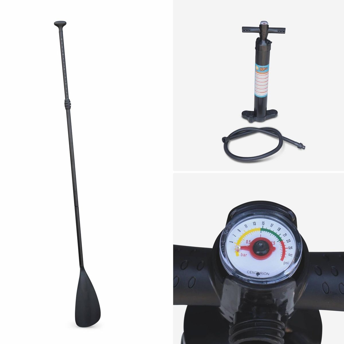 SWEEEK Pack stand up paddle gonflable Julio 9'3'' avec pompe haute pression simple action. pagaie. leash et sac de rangement inclus