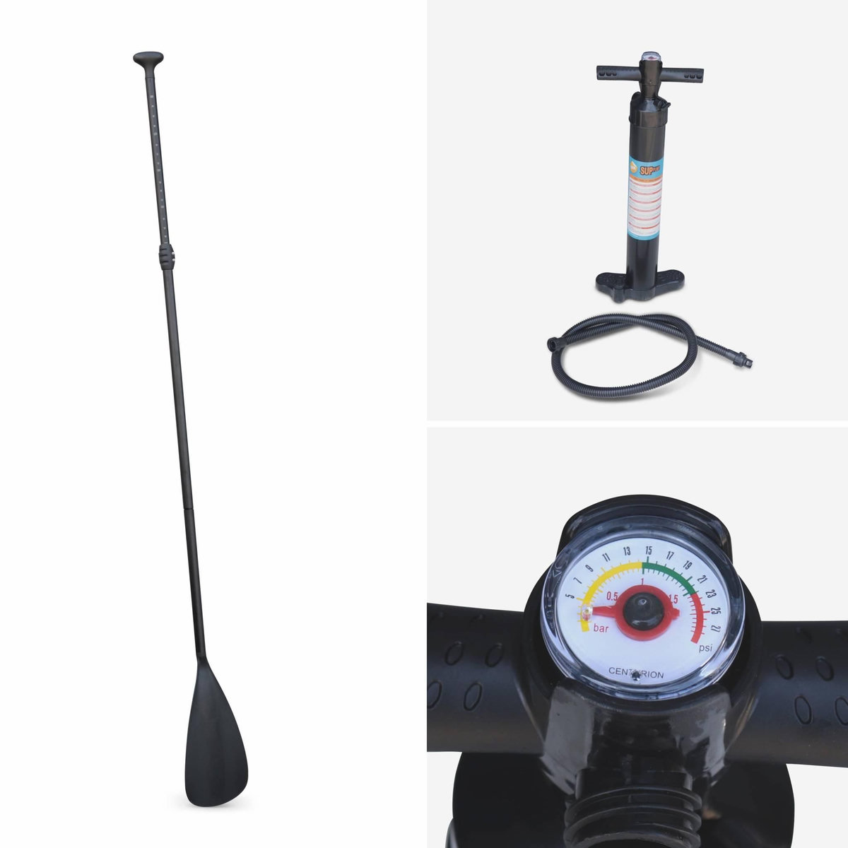 SWEEEK Pack stand up paddle gonflable Julio 9'3'' avec pompe haute pression simple action. pagaie. leash et sac de rangement inclus