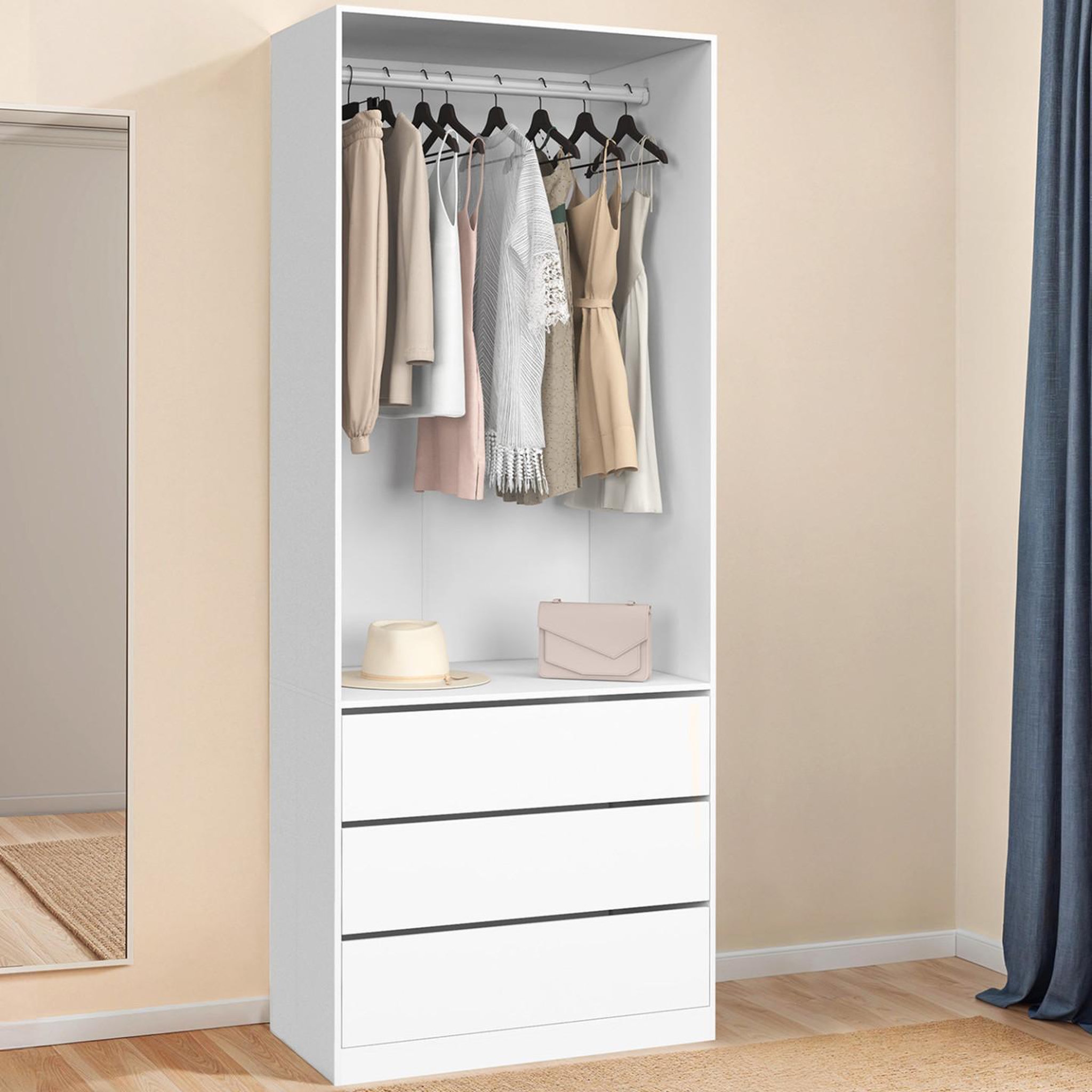 Voir la diapositive 2 : ID MARKET Dressing taylor 80 x 55 x 200 cm 1 module avec penderie + 3 tiroirs blanc