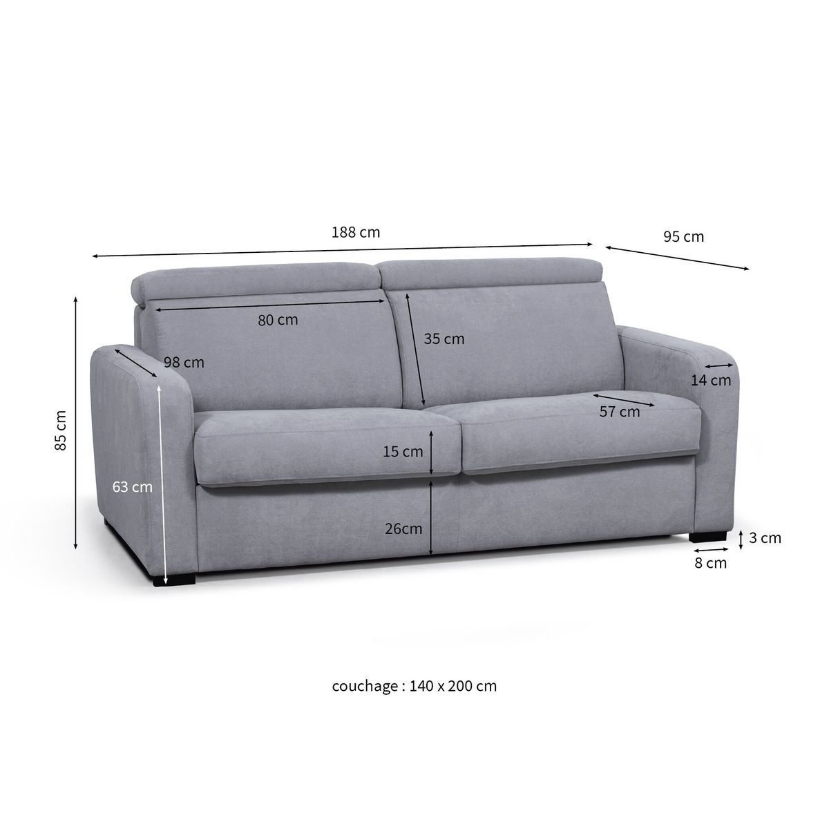 Canapé système couchage rapide 3 places en tissu gris clair CAROLE