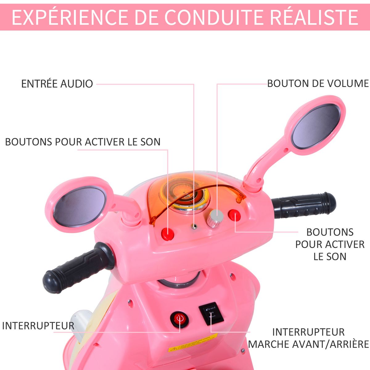 HOMCOM HOMCOM Moto scooter électrique pour enfants 6 V env. 3 Km/h 3 roues et topcase effet lumineux et sonore rose