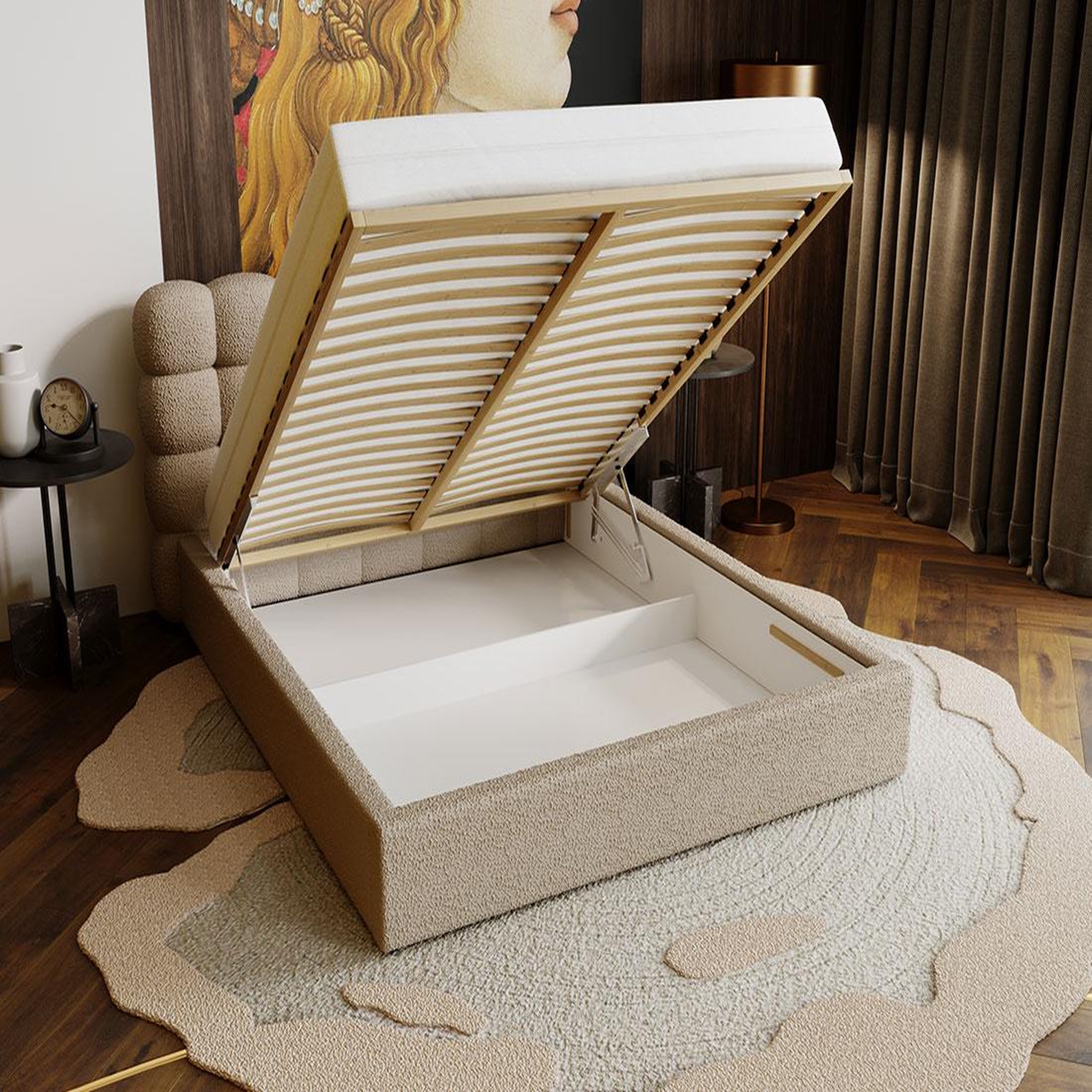 Voir la diapositive 2 : BEST MOBILIER Lotus - lit coffre - 180x200 cm - sommier inclus - en tissu bouclette