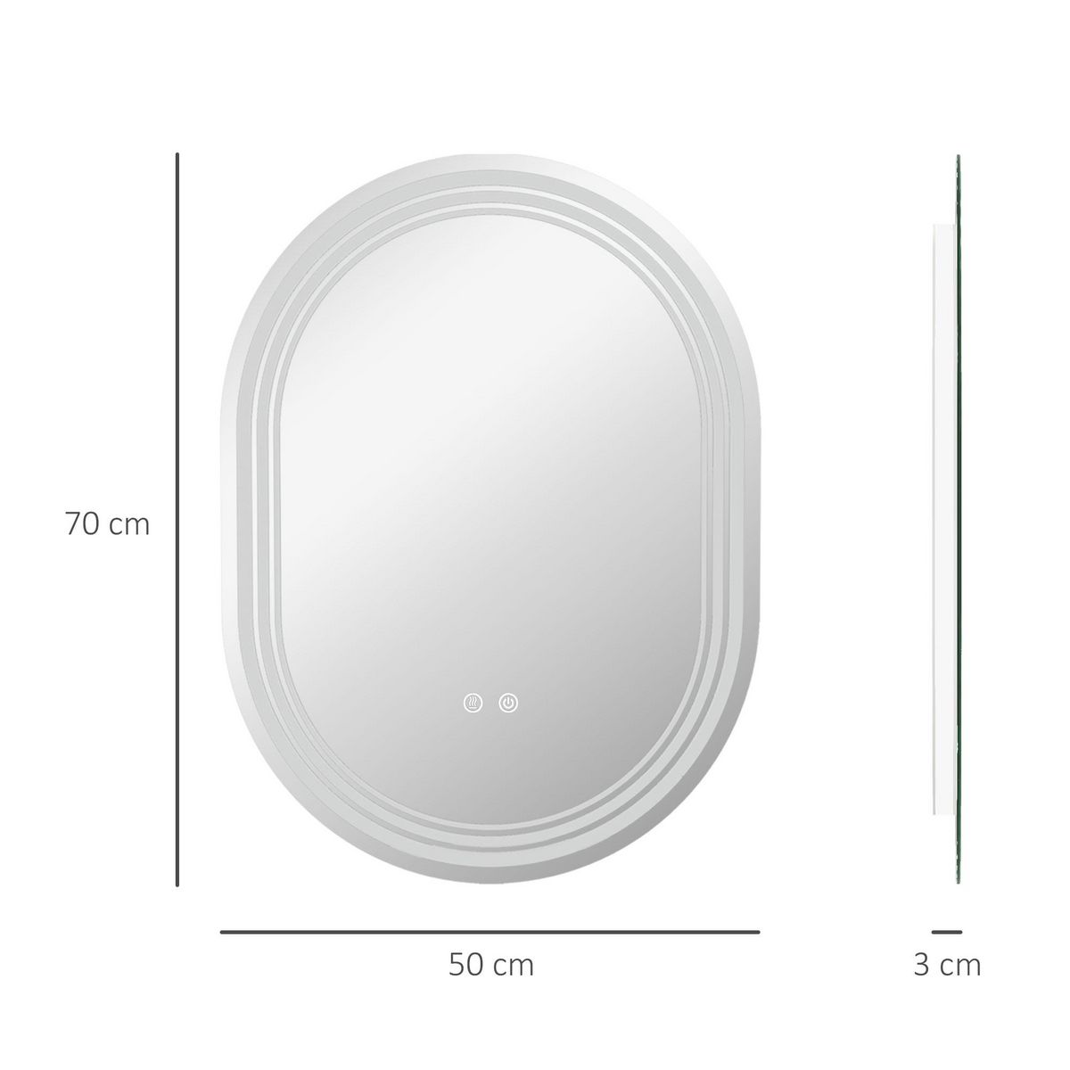 KLEANKIN Miroir LED mural de salle de bain - 50L x 70H cm - luminosité réglable 3 couleurs - interrupteur tactile - système antibué
