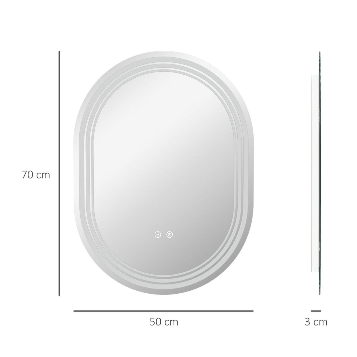 KLEANKIN Miroir LED mural de salle de bain - 50L x 70H cm - luminosité réglable 3 couleurs - interrupteur tactile - système antibué