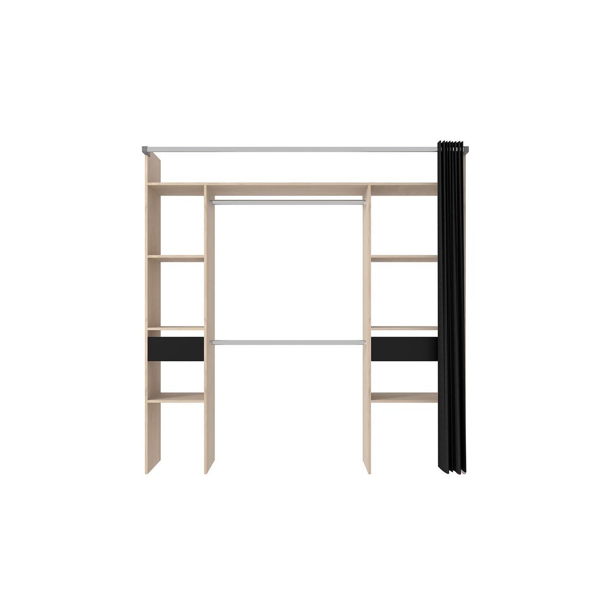 CONCEPT USINE Dressing bois avec rideau noir et 2 penderies, 6 étagères et 2 tiroirs ELYSEE