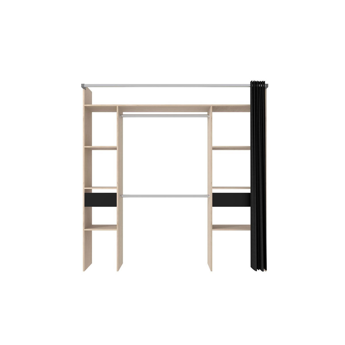 CONCEPT USINE Dressing bois avec rideau noir et 2 penderies, 6 étagères et 2 tiroirs ELYSEE