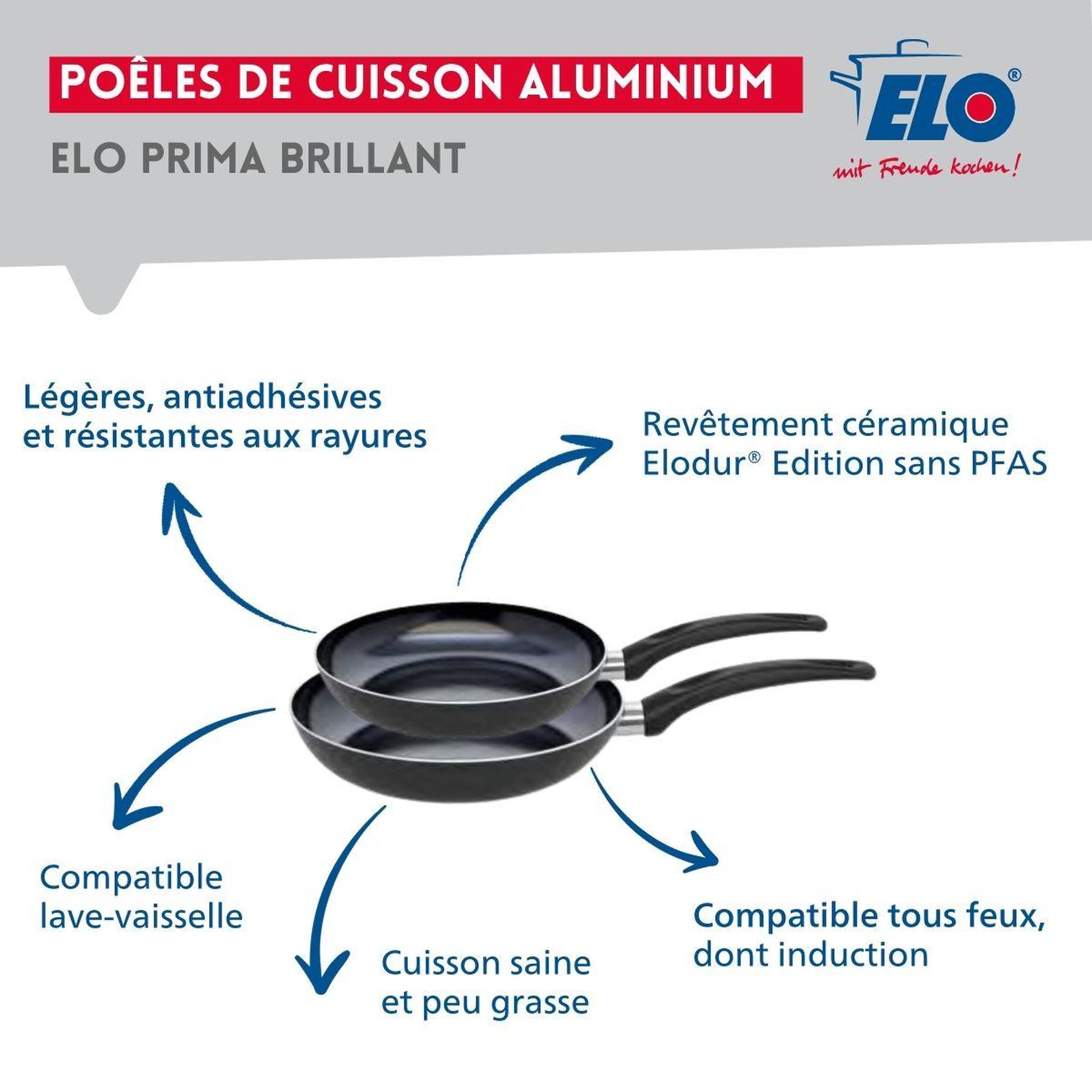 Voir la diapositive 4 : ELO Ensemble de 2 poêles de cuisson 20 et 24 cm et 3 faitouts 12, 20 et 24 cm elo prima brillant