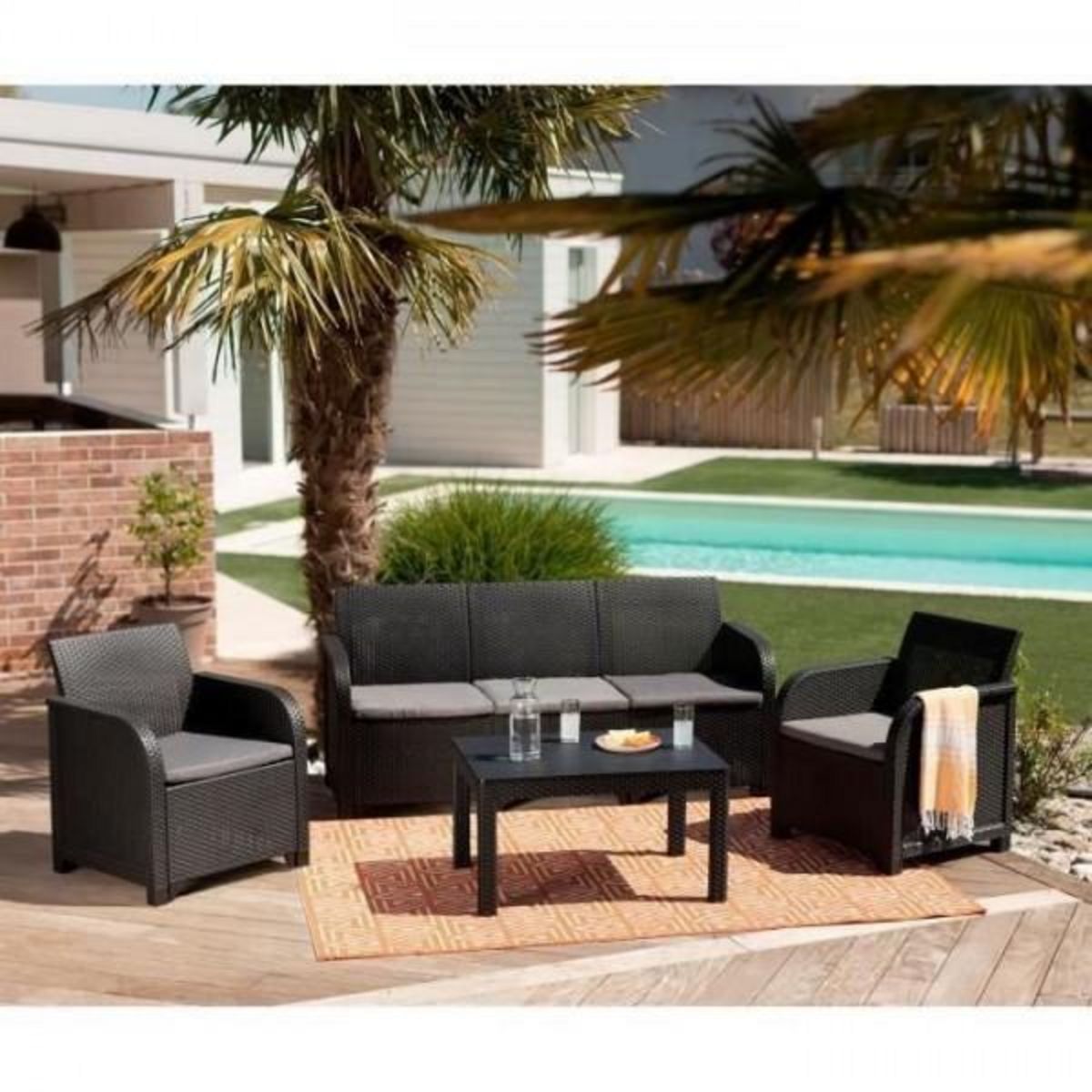 ALLIBERT by KETER Salon de jardin - en résine imitation rotin tressé - Allibert by KETER - 5 personnes - SanRemo - Gris graphite