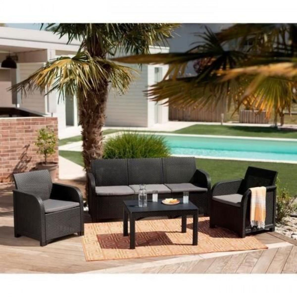 ALLIBERT by KETER Salon de jardin - en résine imitation rotin tressé - Allibert by KETER - 5 personnes - SanRemo - Gris graphite