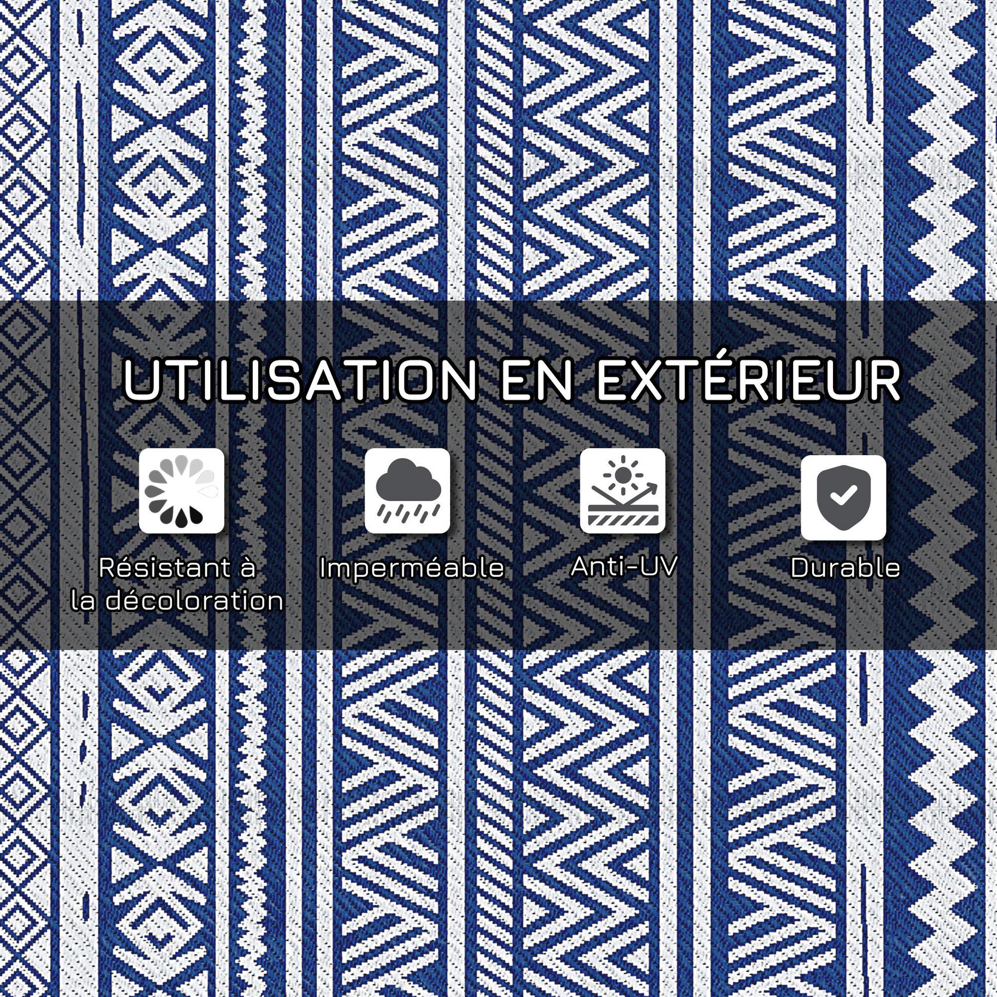 Voir la diapositive 4 : OUTSUNNY Tapis extérieur style graphique - tapis réversible - dim. 2,74L x 1,82l m, ép. 3 mm - PP haute densité 310 g/m² bleu blanc