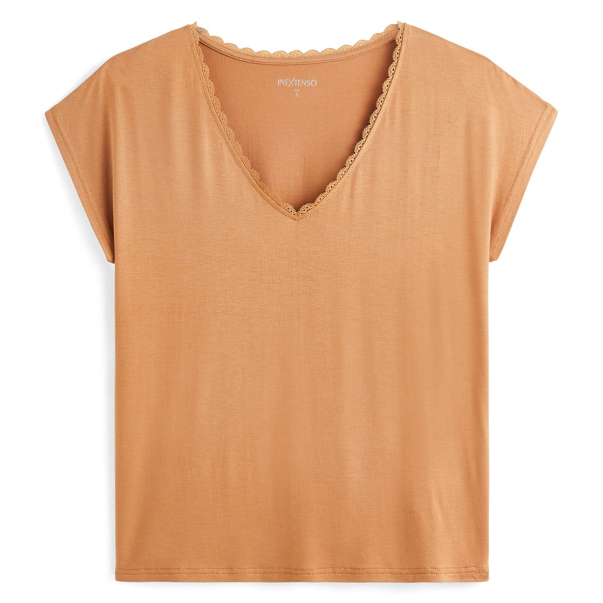 IN EXTENSO T-shirt manches courtes beige camel dentelles col v femme