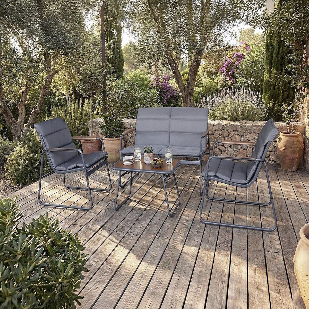 Habitat et Jardin Salon de jardin avec coussins en métal  Bastia  - 4 places - Gris