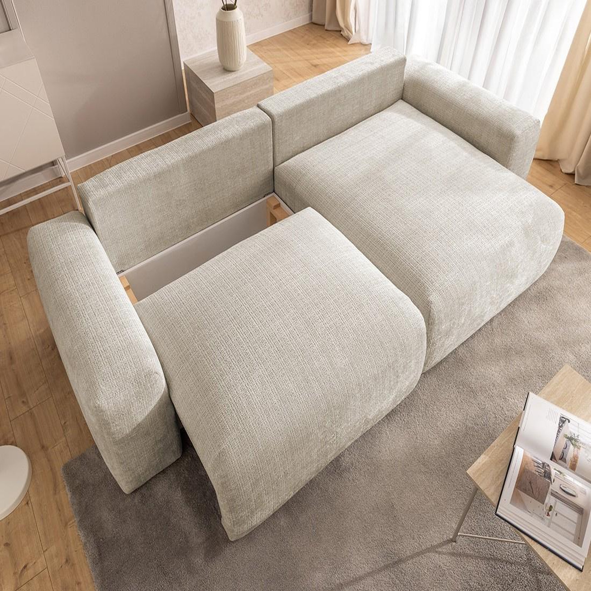 Voir la diapositive 3 : BEST MOBILIER Constance - canapé d'angle réversible 4 places convertible avec coffre en velours texturé