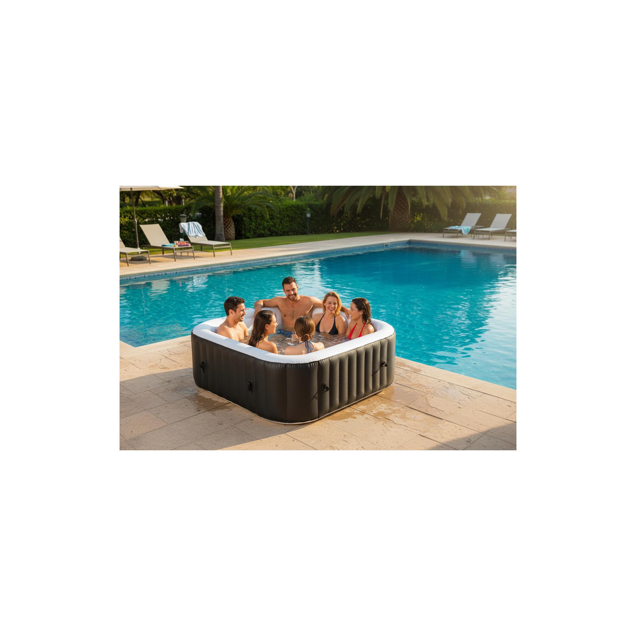 Voir la diapositive 3 : RELX TIME Spa gonflable 6 places carré - RELXTIME - 130 Jets - Noir - Filtre et bâche inclus
