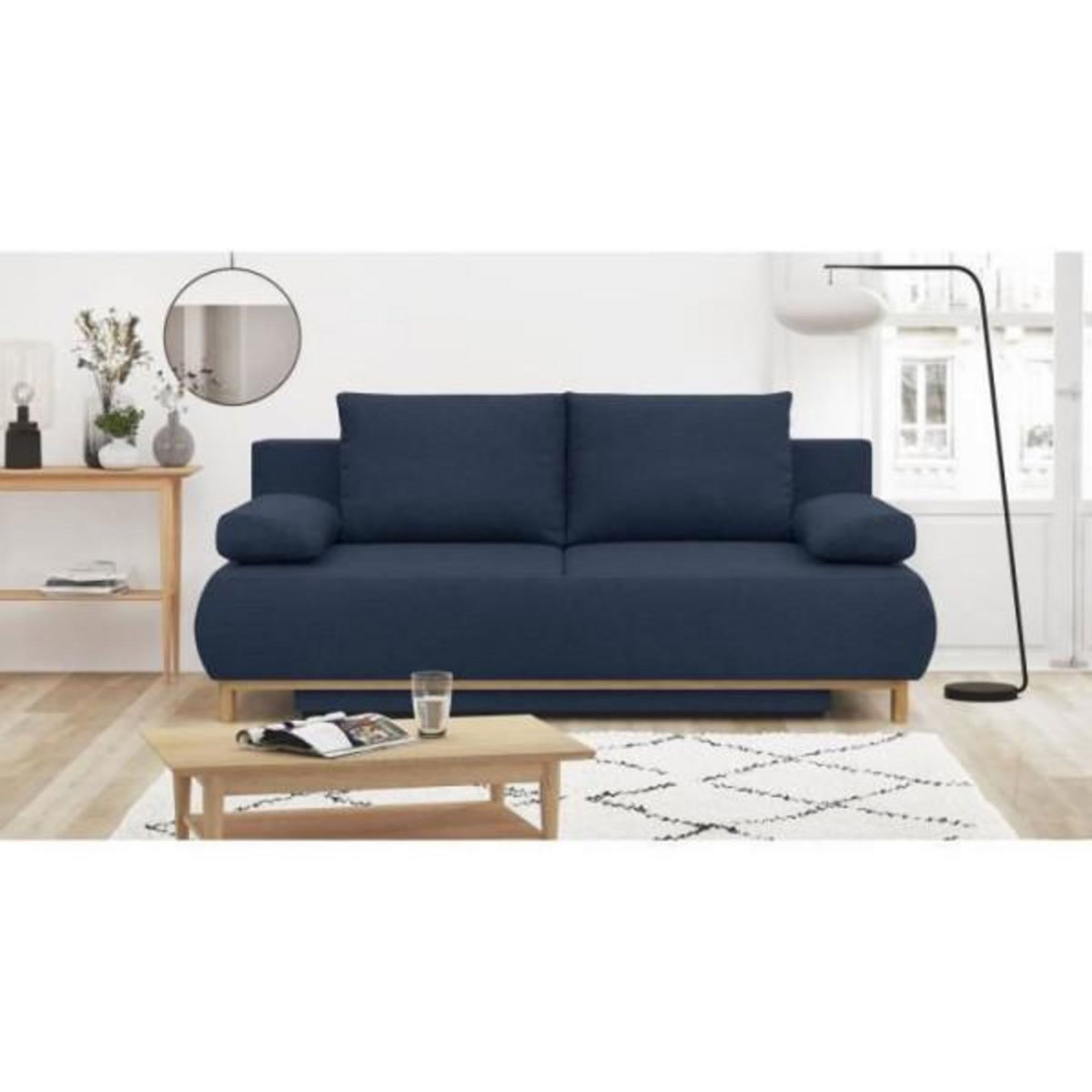 MARKET24 Banquette convertible 3 places MIKA - Tissu bleu foncé - Coffre de rangement - L 192 x H 84 x P 93 cm