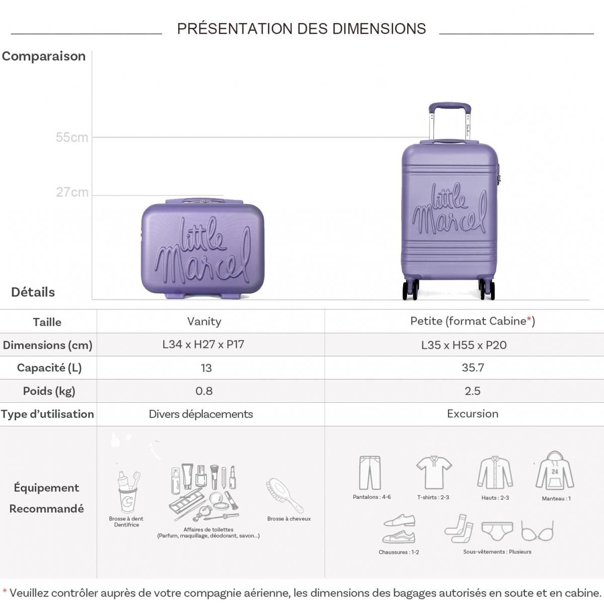 Little Marcel Lot valise cabine 55cm plus un vanity rigide