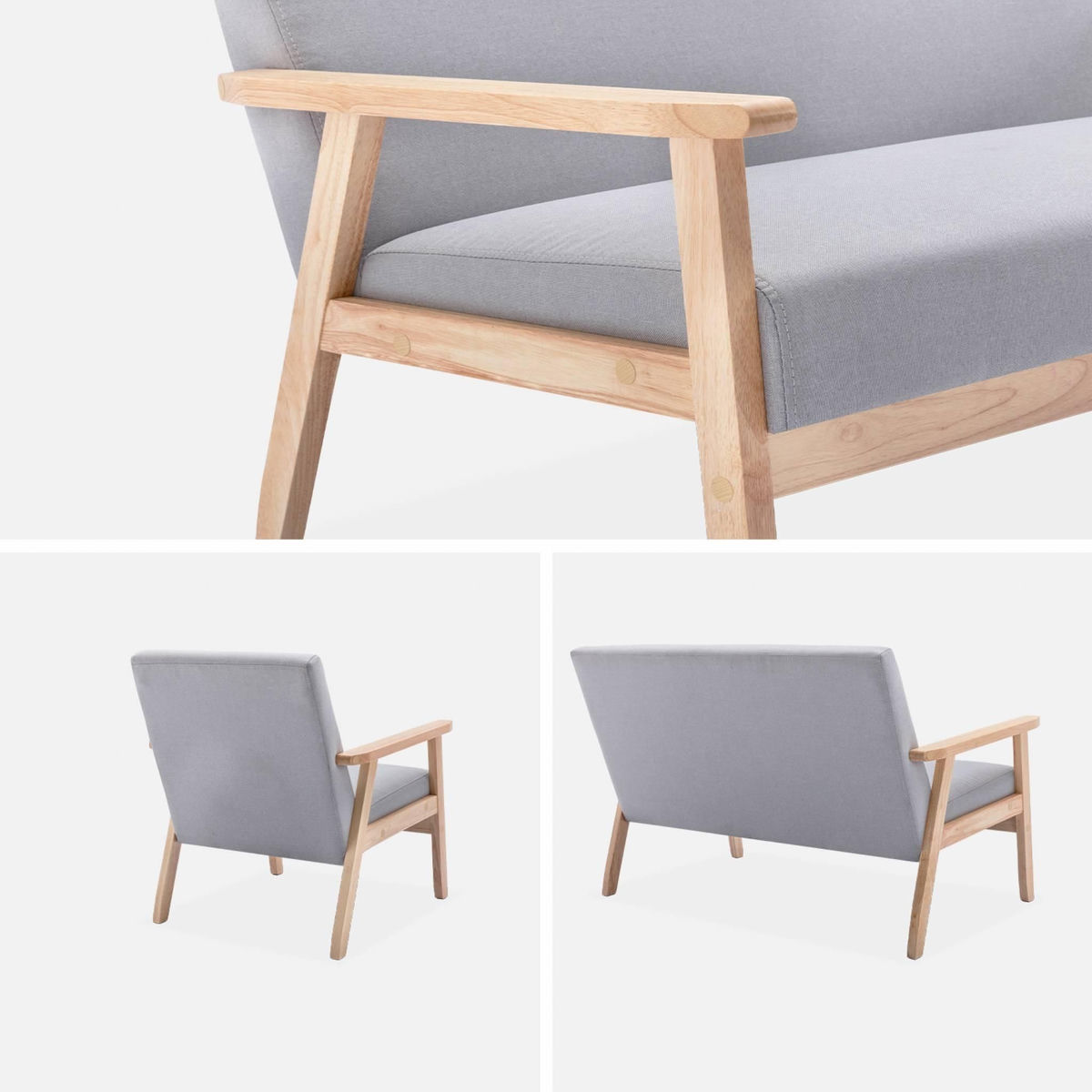 SWEEEK Banquette et fauteuil en bois et tissu gris clair. Isak. L 114 x l 69.5 x H 73cm