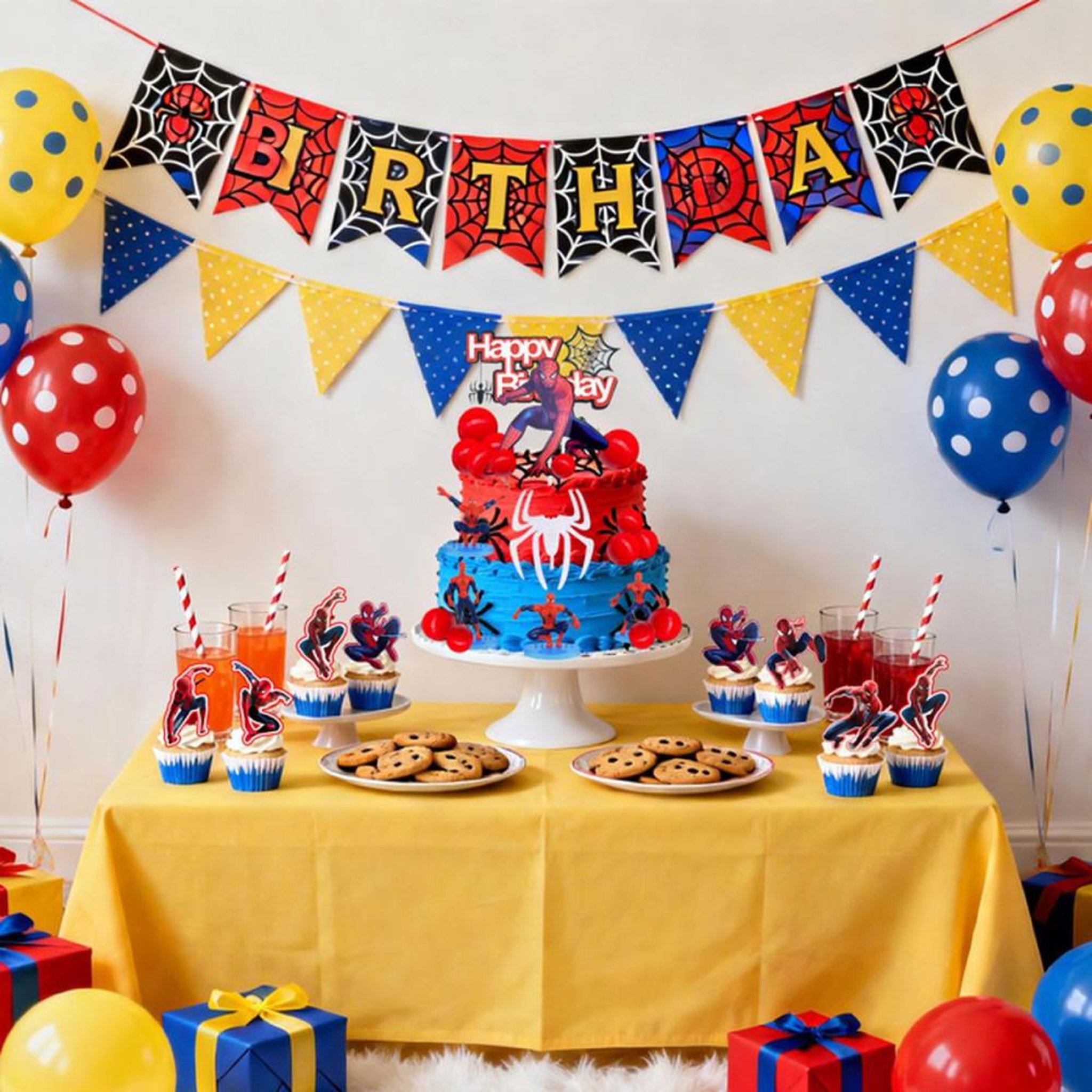 Voir la diapositive 4 : Kit décoration gâteau Spider-Man avec 4 grands toppers, 7 figurines et 43 pièces