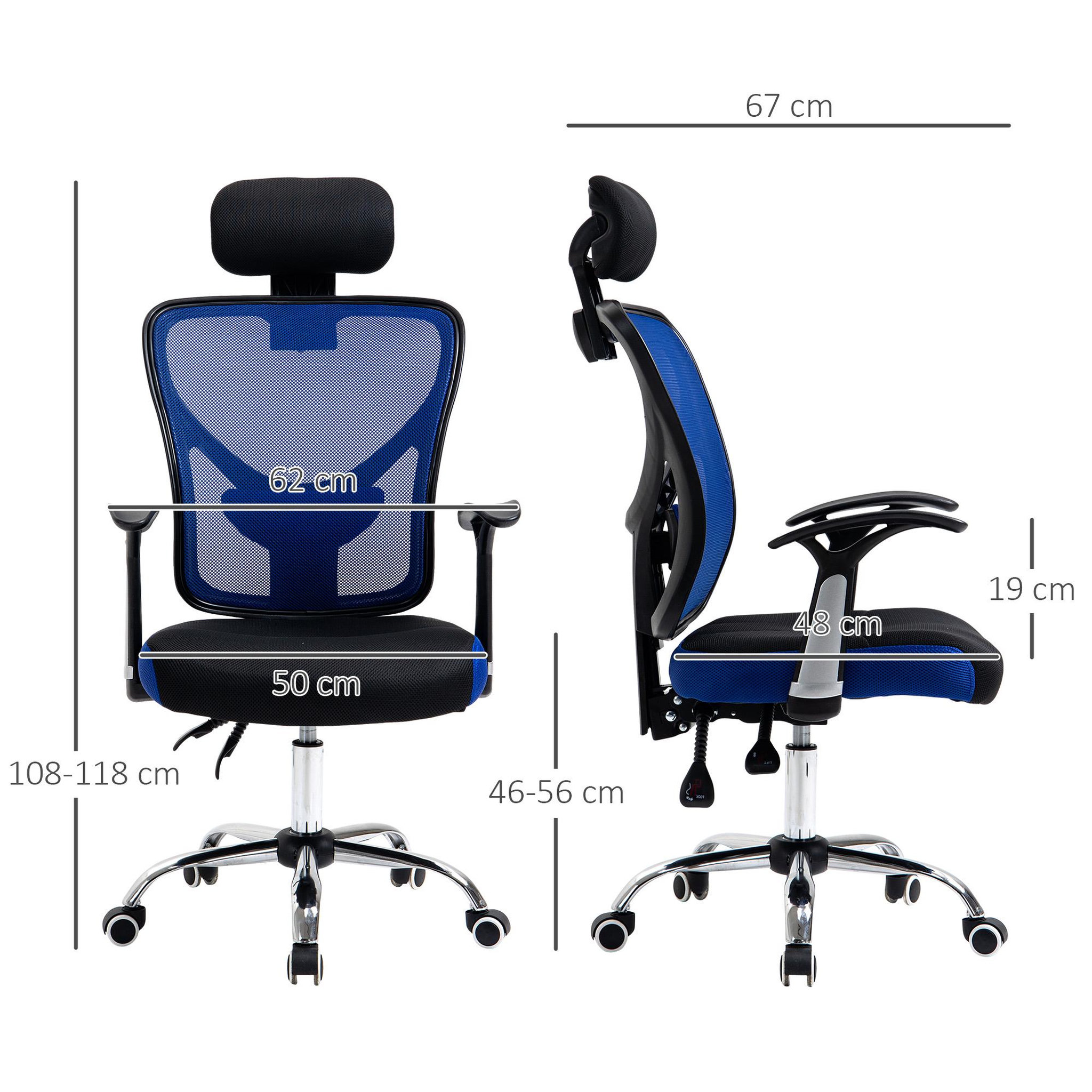 Voir la diapositive 3 : VINSETTO Vinsetto Chaise de bureau manager grand confort réglable dossier inclinable piètement chromé tissu maille polyester bleu noir