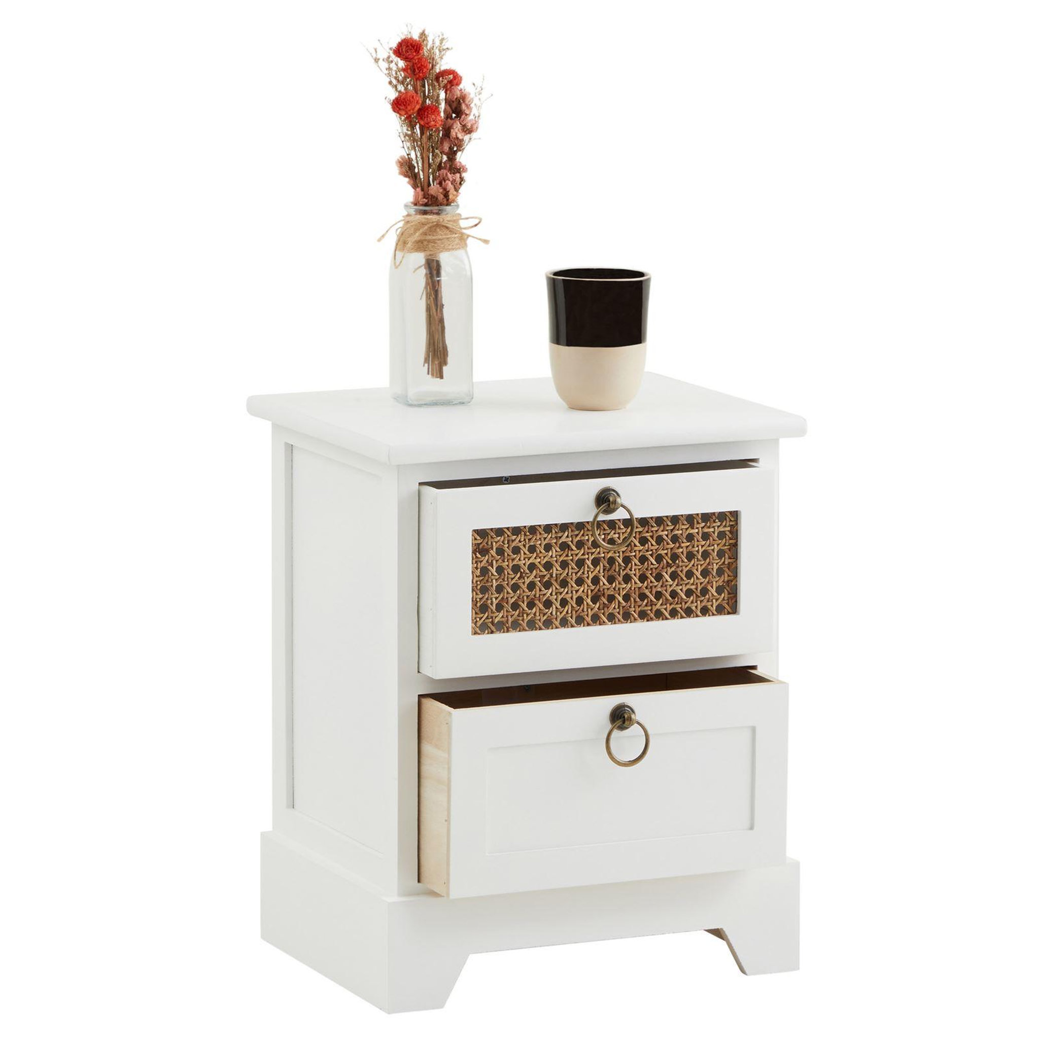 Voir la diapositive 4 : IDIMEX Table de chevet PADMA 2 tiroirs, en bois et rotin