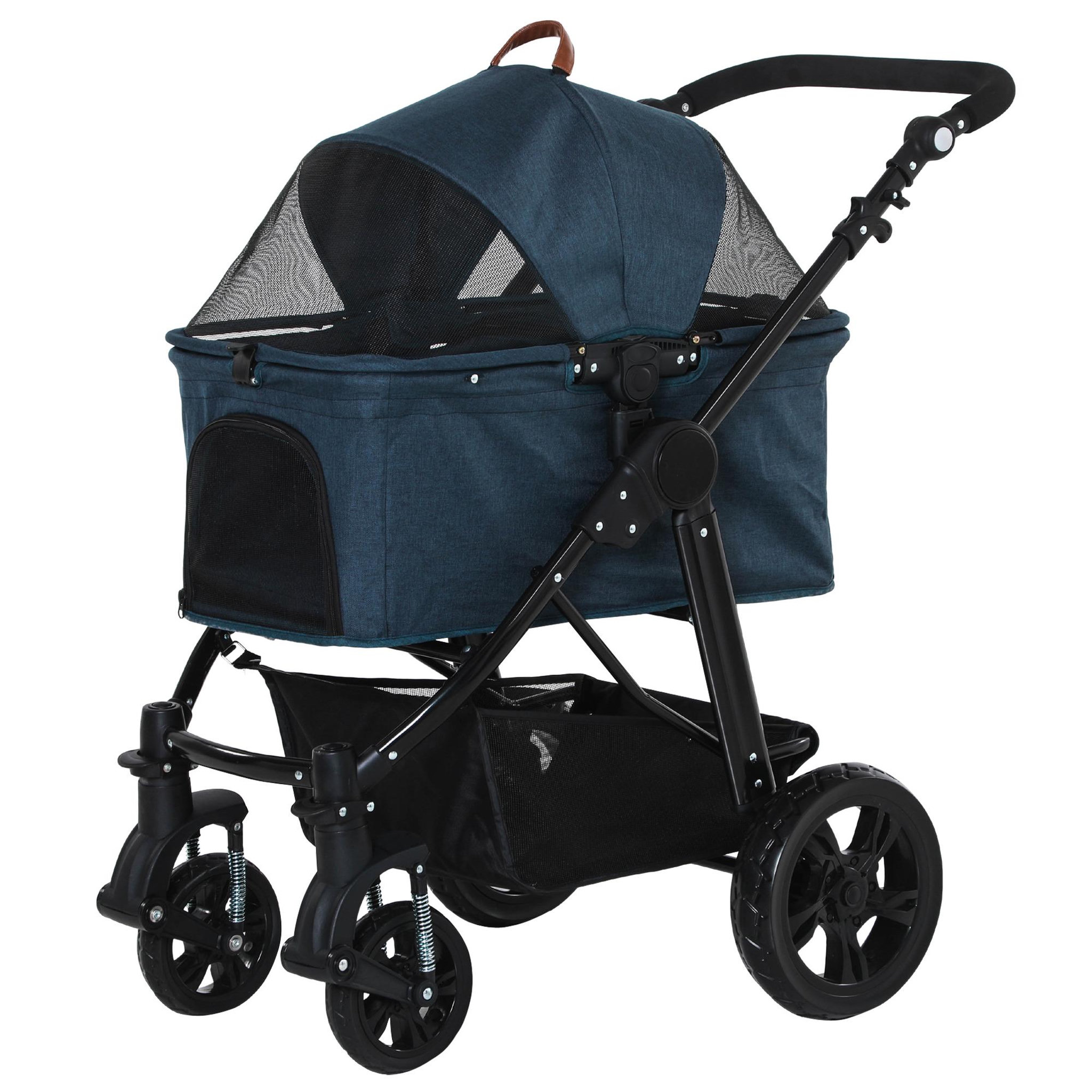 Voir la diapositive 1 : PAWHUT Poussette buggy pliable chien chat amortisseurs panier de rangement 2 attaches sécurité housse réglable acier Oxford bleu foncé