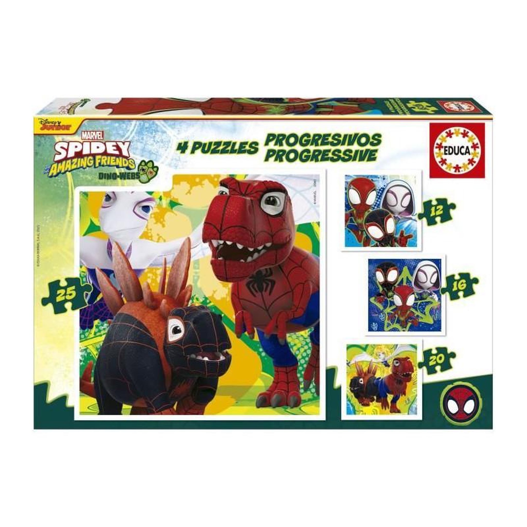 EDUCA Puzzle progressif 12+16+20+25 pièces Dino Spidey – Enfants dès 3 ans – 4 puzzles évolutifs – Qualité éducative – EDUCA