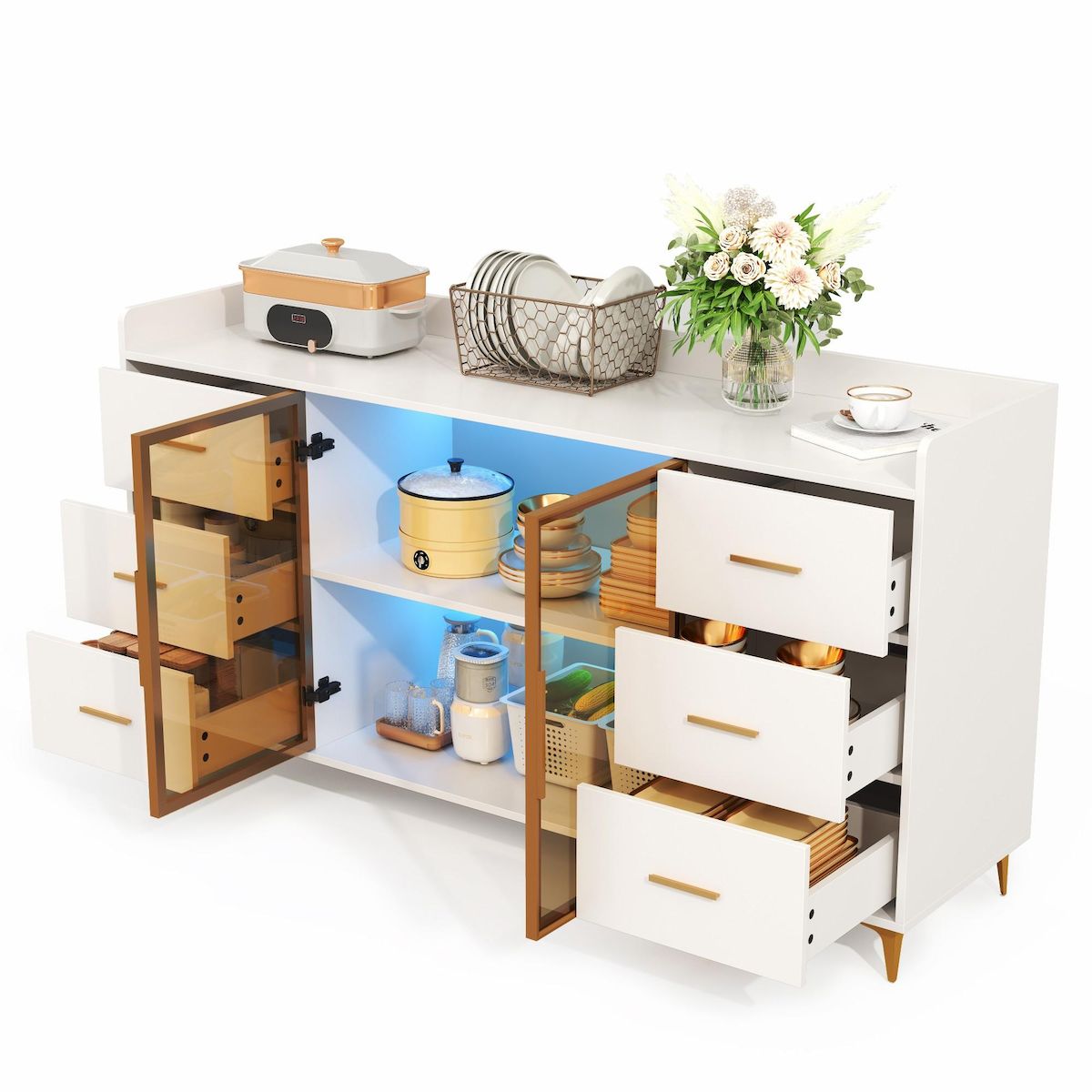 MERAX Buffet 2 porte(s) 6 tiroir(s) - 160 cm blanc led mdf