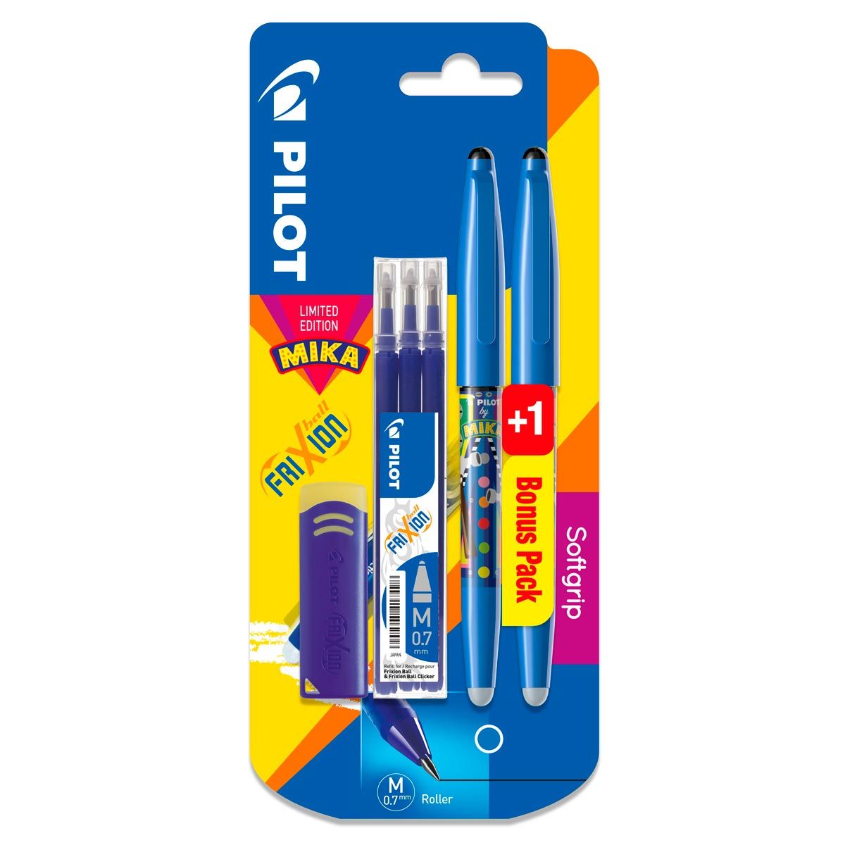 PILOT  Lot de 2 stylos rollers effaçables Frixion ball Bleu + 3 recharges bleues + 1 gomme Edition Mika