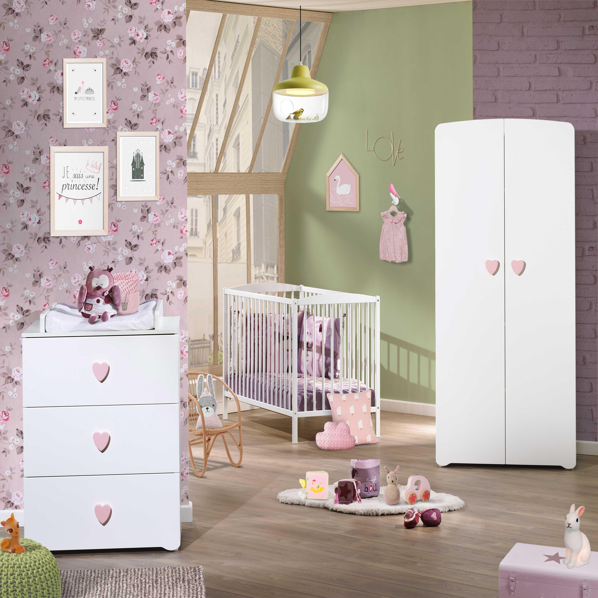 Voir la diapositive 3 : BABY PRICE Commode à langer 3 tiroirs NEW BASIC Boutons C&oelig;ur Rose