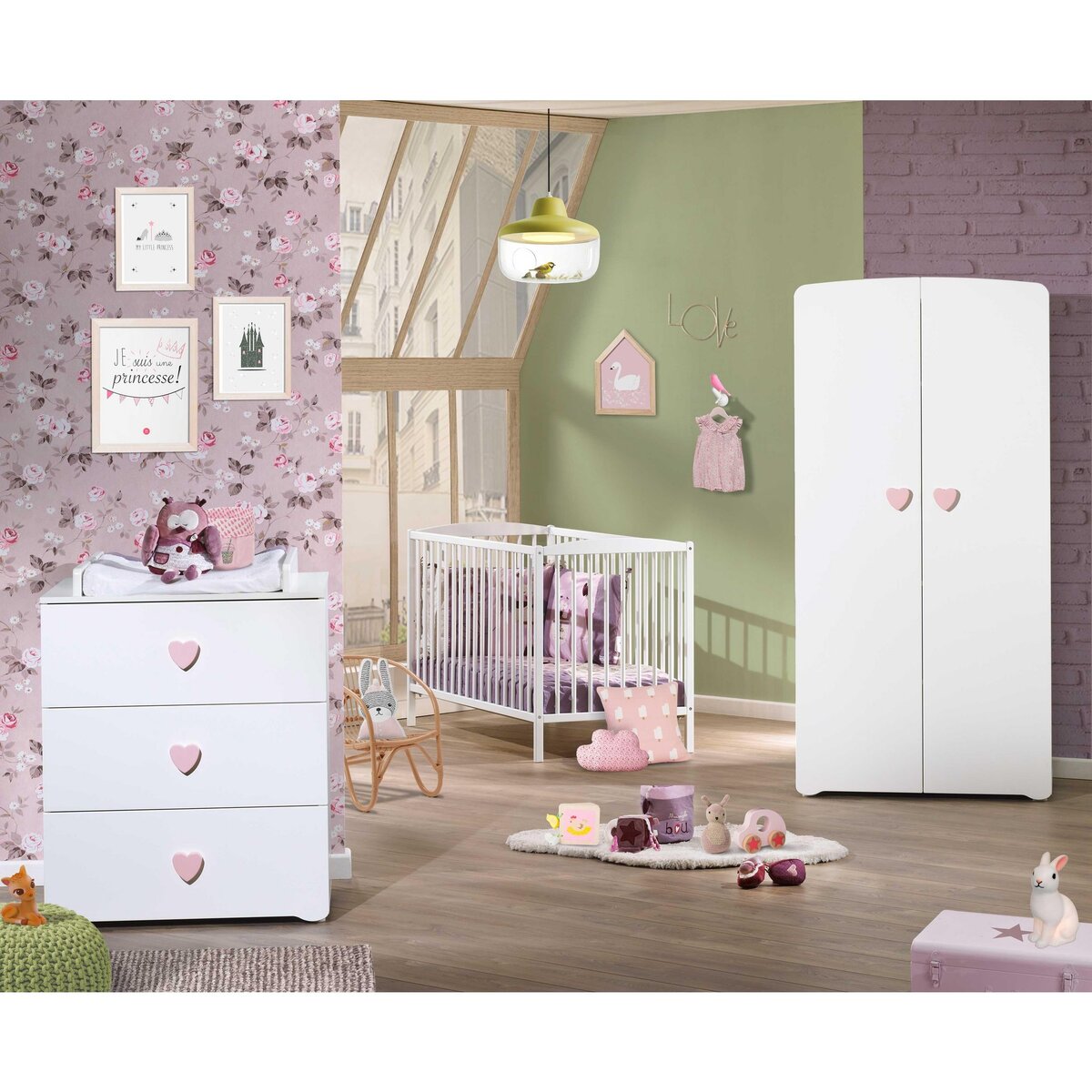 BABY PRICE Commode à langer 3 tiroirs NEW BASIC Boutons C&oelig;ur Rose