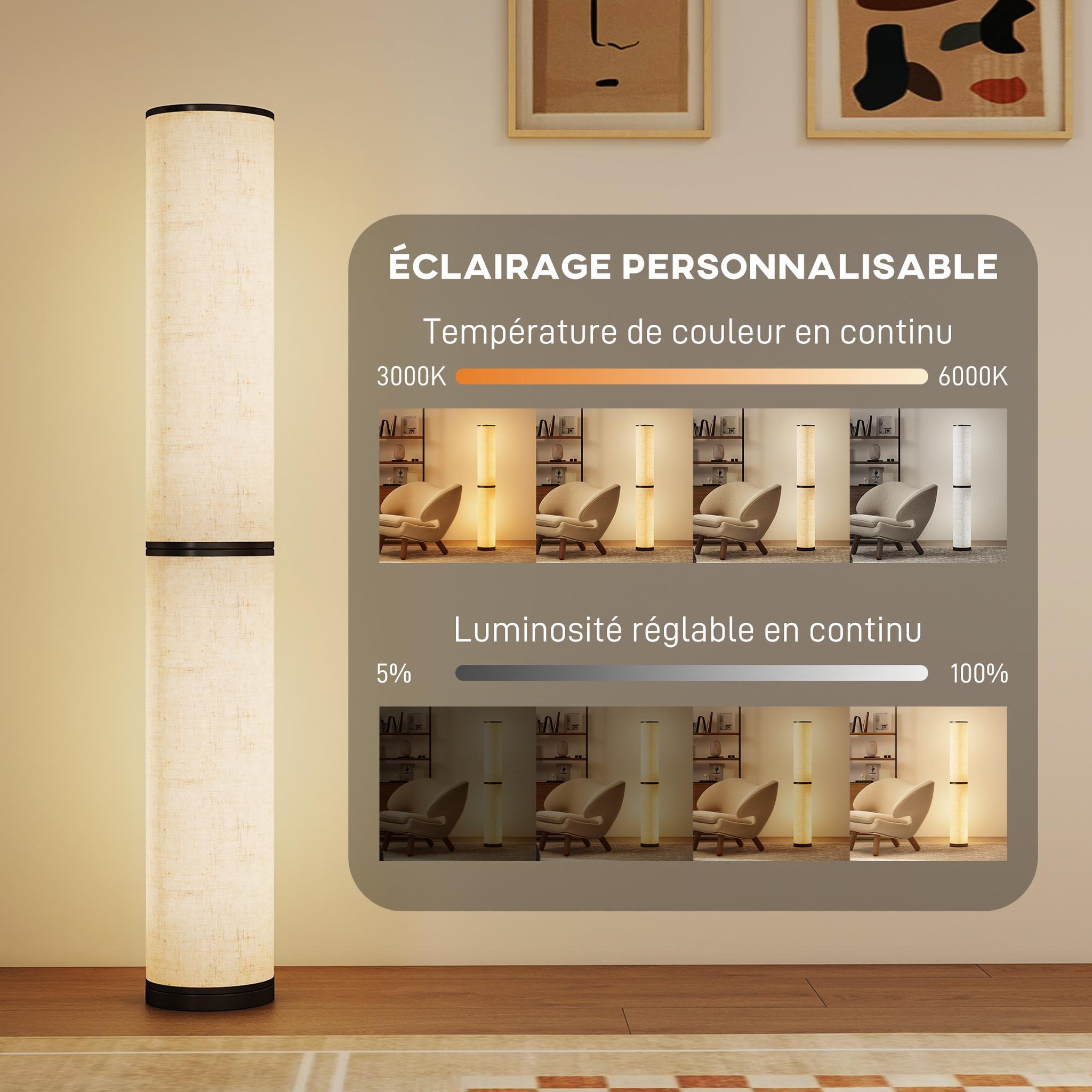 Voir la diapositive 5 : HOMCOM Lampadaire tube led droit dimmable réglable 30w h.135cm avec télécommande acier lin beige