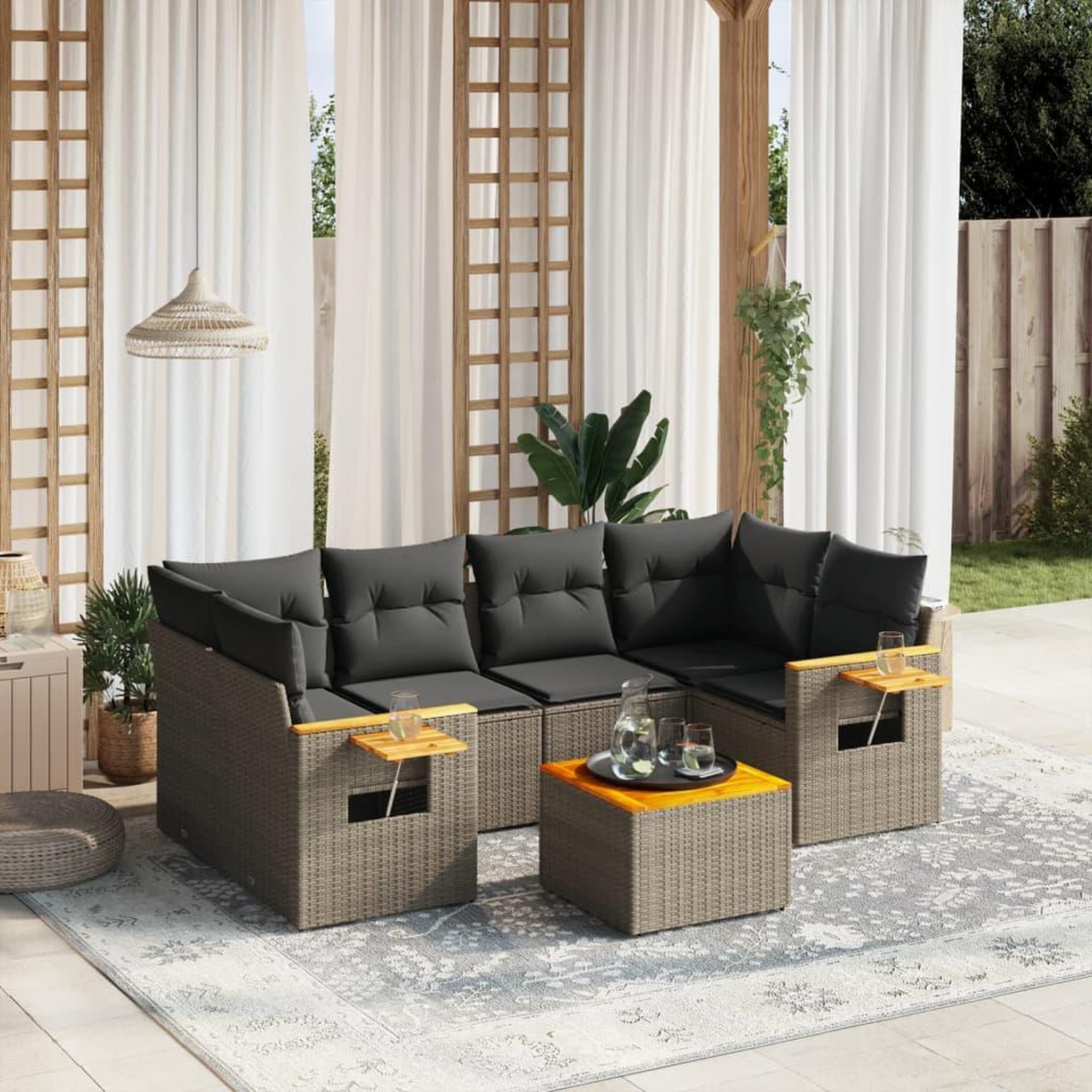 VIDAXL Salon de jardin avec coussins 7 pcs gris resine tressee
