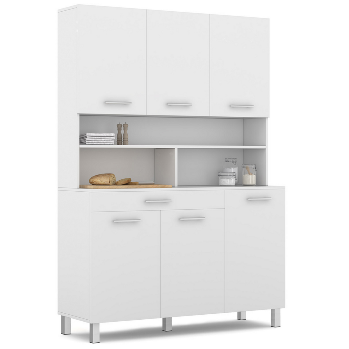 ID MARKET Buffet de cuisine 120 CM CINA 6 portes + tiroir blanc et blanc brillant
